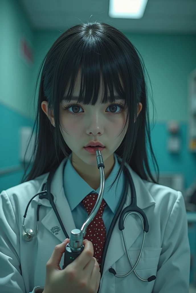 masterpiece, highest quality, (solo focus), (perfect face:1.1), (high detail:1.1), (hyper detailed eyes),Male patientはドギースタイル、Bright torture chamber、High School Uniform、1XGALX Mistress 、performing colonoscope insertion、(Sadistic schoolgirl inserts colonoscope into patient's anus:2)、1XG member mistress with colonoscopy、A crazy smile、Look at viewers、He enjoys inserting a colonoscope into his patient's anus.