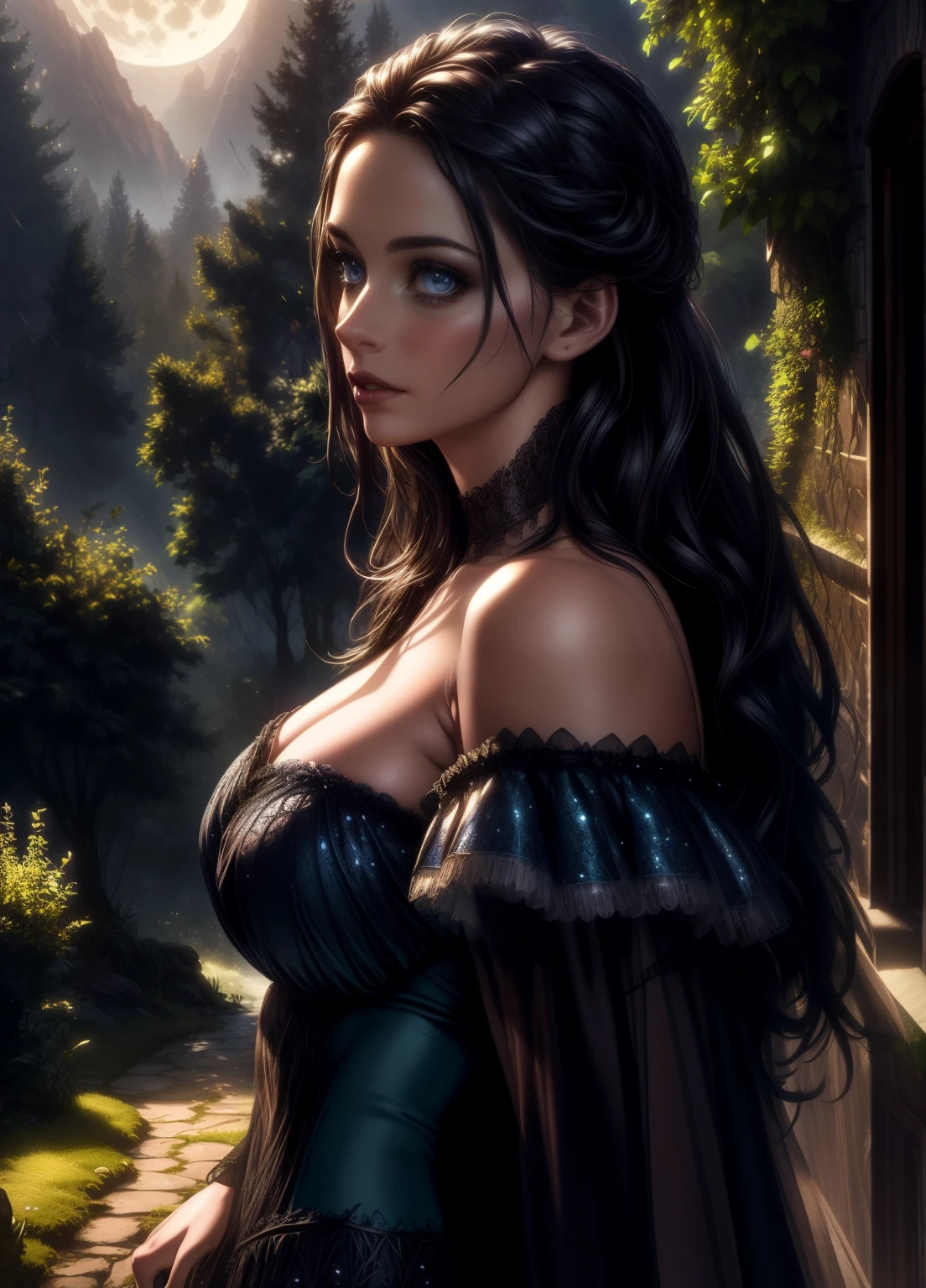 a magical enchanted forest, full moon rising from behind the hills, people wandering through the lush greenery, beautiful detailed eyes,beautiful detailed lips,extremely detailed eyes and face,longeyelashes, fantasy landscape, moody lighting, dramatic shadows, vibrant colors, intricate details, (best quality,4k,8k,highres,masterpiece:1.2),ultra-detailed,(realistic,photorealistic,photo-realistic:1.37),cinematic lighting,dramatic atmosphere,mystical,whimsical