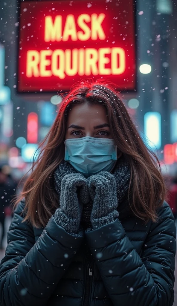 Beautiful woman in a red coat、White mask on the mouth、City of night