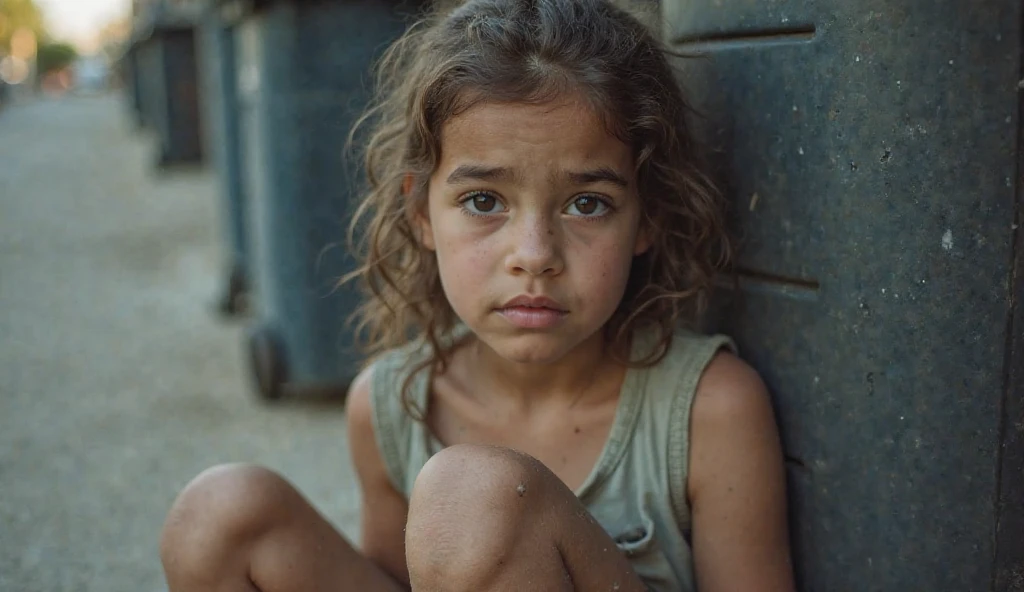 ((hiper realistic)) A girl in a street, (girls black, short hair, proud eyes, 8 years old, (perfect detail skin), black hairdirty clothes) loneliness,urban background,street lamp,graffiti,broken infrastructure,poverty,empathy,vivid colors,dim lighting. (best quality,ultra-detailed,realistic:1.37),gritty style, Dramatic Blue Summer Age. ((Hollywood Cinema Lighting, Dramatic)), Directed by: Lee Jeffries, Nikon D850 |, filme fotografia de stock ,4 Kodak Portra 400 ,camera f1.6 lentes ,cores ricas ,hyper realistic ,textura realista, dramatic lighting , cinestill 800