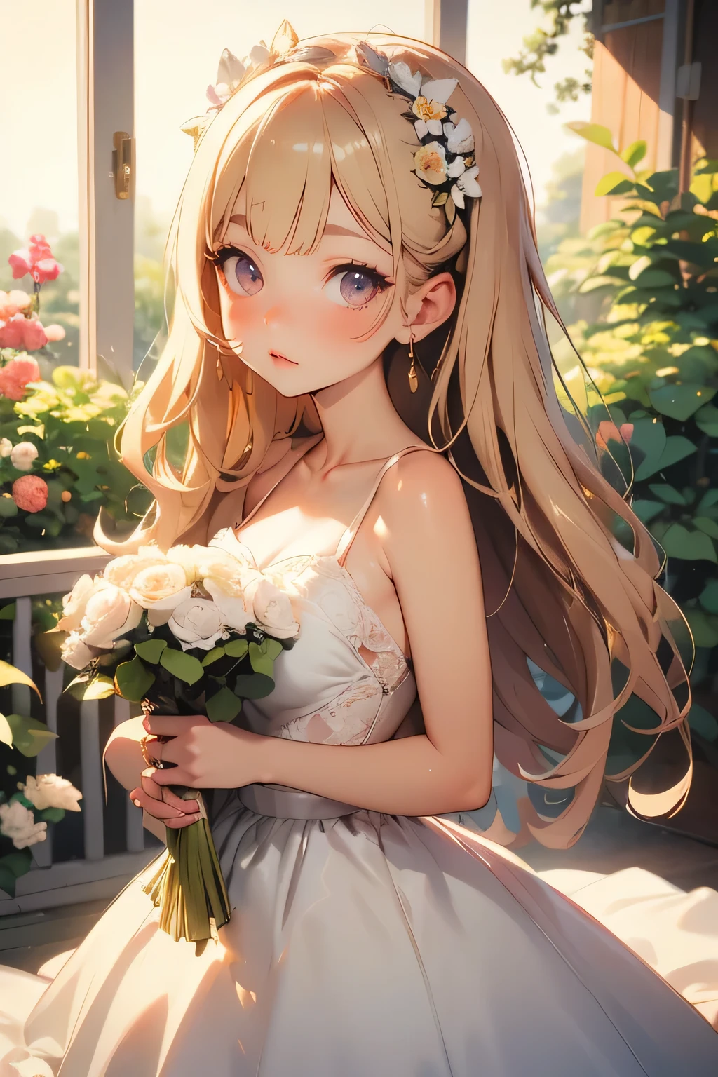 wedding dress, Holding a bouquet of pink roses,  Long Wavy Brown Hair , dress that forced her to get married, stand in a lush garden with cherry trees in the background holding a bouquet of pink roses, soft, warm lighting, photorealistic on the bed, cinematic composition, very detailed, masterpiece,high quality, 4K,