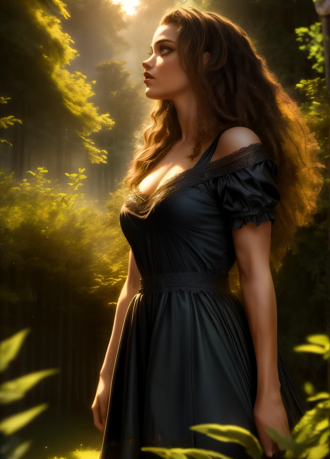a magical enchanted forest, full moon rising from behind the hills, people wandering through the lush greenery, beautiful detailed eyes,beautiful detailed lips,extremely detailed eyes and face,longeyelashes, fantasy landscape, moody lighting, dramatic shadows, vibrant colors, intricate details, (best quality,4k,8k,highres,masterpiece:1.2),ultra-detailed,(realistic,photorealistic,photo-realistic:1.37),cinematic lighting,dramatic atmosphere,mystical,whimsical