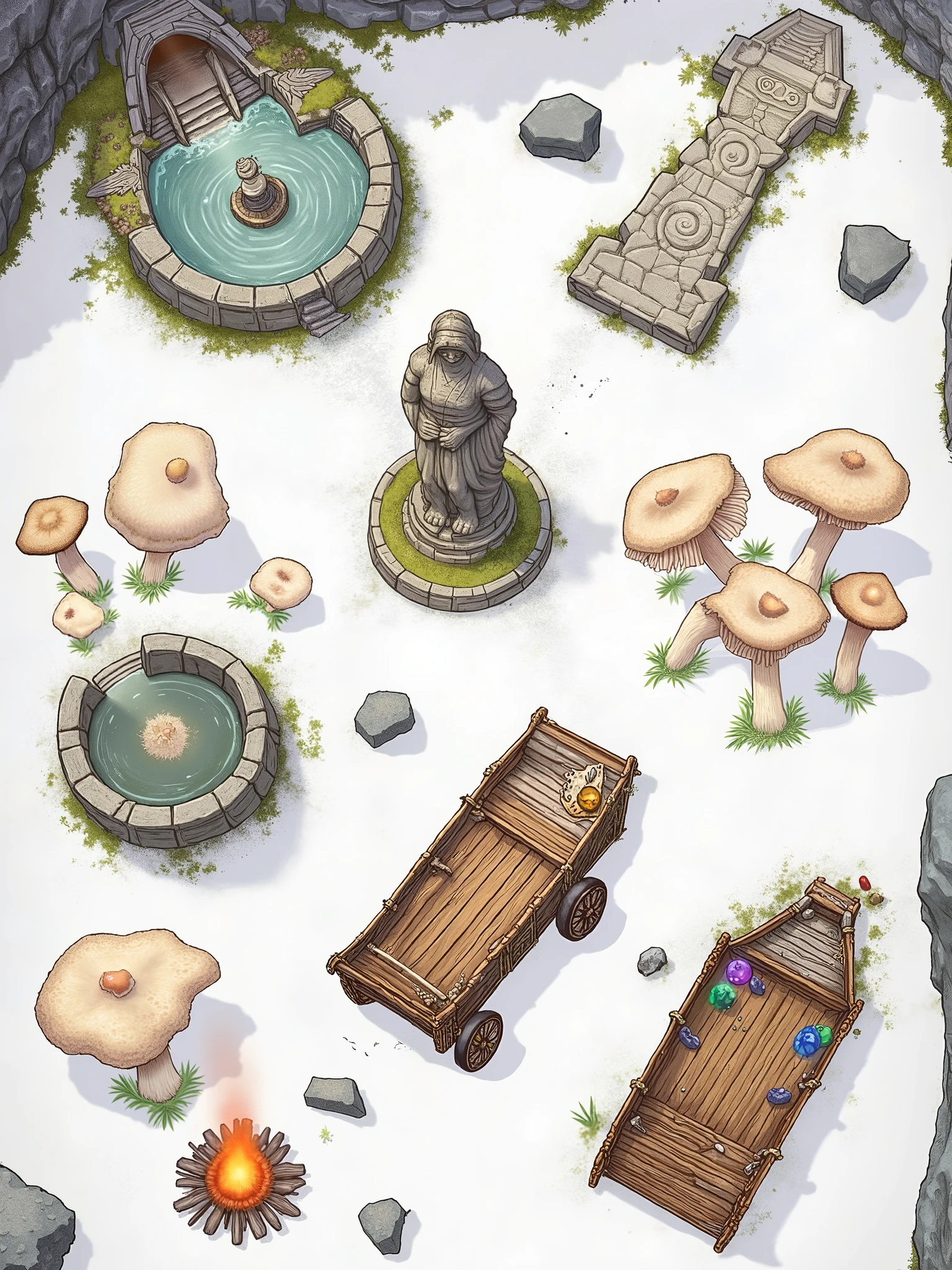 Hand-drawn top-down view image featuring a pack of six distinct fantasy assets arranged with ample spacing on a plain white background, perfect for Dungeondraft. Include:
Mystical Fountain – A carved stone fountain with a circular basin filled with gently swirling water, accented by subtle moss details and worn, weathered textures.
Broken Statue – A fragmented, ruined statue with cracked features and missing parts, its surface decorated with hints of moss and timeworn details that evoke ancient lore.
Enchanted Mushroom Cluster – A grouping of oversized, whimsical mushrooms with varied cap shapes and soft, magical glows, rendered in intricate, delicate line work.
Abandoned Wagon – A rustic, weathered wooden wagon with detailed textures showing aged wood and rusted metal accents, featuring a couple of broken wheels for added character.
Hidden Treasure Cache – A partially concealed treasure chest nestled among rocky outcrops, with glimmers of gold and scattered jewels hinting at long-forgotten riches.
Magical Campfire – A small, mystical campfire with ethereal, softly glowing flames and detailed embers, exuding a subtle magical aura.
Each asset is designed with a cohesive, hand-drawn map aesthetic, using muted earthy tones enhanced by gentle pops of color, ensuring they fit seamlessly into your fantasy tabletop maps