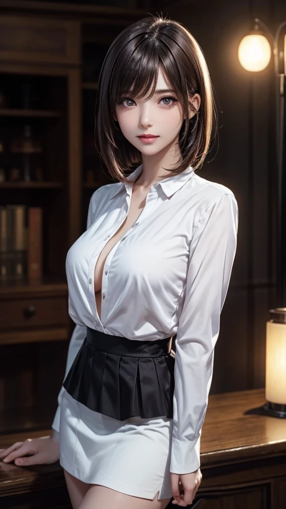 Japanese Idols　Mature Woman　(short hair)　(Pixie Cut)　plump　　attractive appearance　Short brown hair with bangs　Rimless Glasses　Big eyes　Expressions of delight　　Big Breasts　Formal attire consisting of a tight-fitting shirt and a flared skirt　In the office conference room　masterpiece　humidity　　Drawing from below　Portraiture　　Low - Angle　Beautiful feet　Split Squat　　Spread your legs