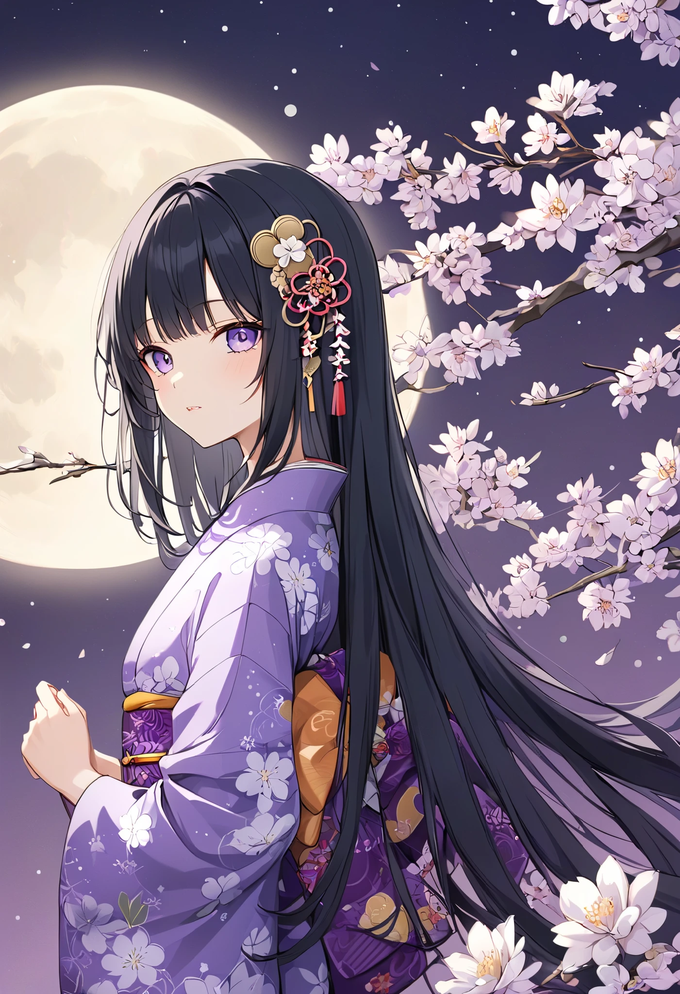 neutral、purple retro modern kimono、Moon pattern on kimono、moon ornaments、 black hair、long hair、 hair down、 moon hair ornament、downer、 small tits、Full moon in the background