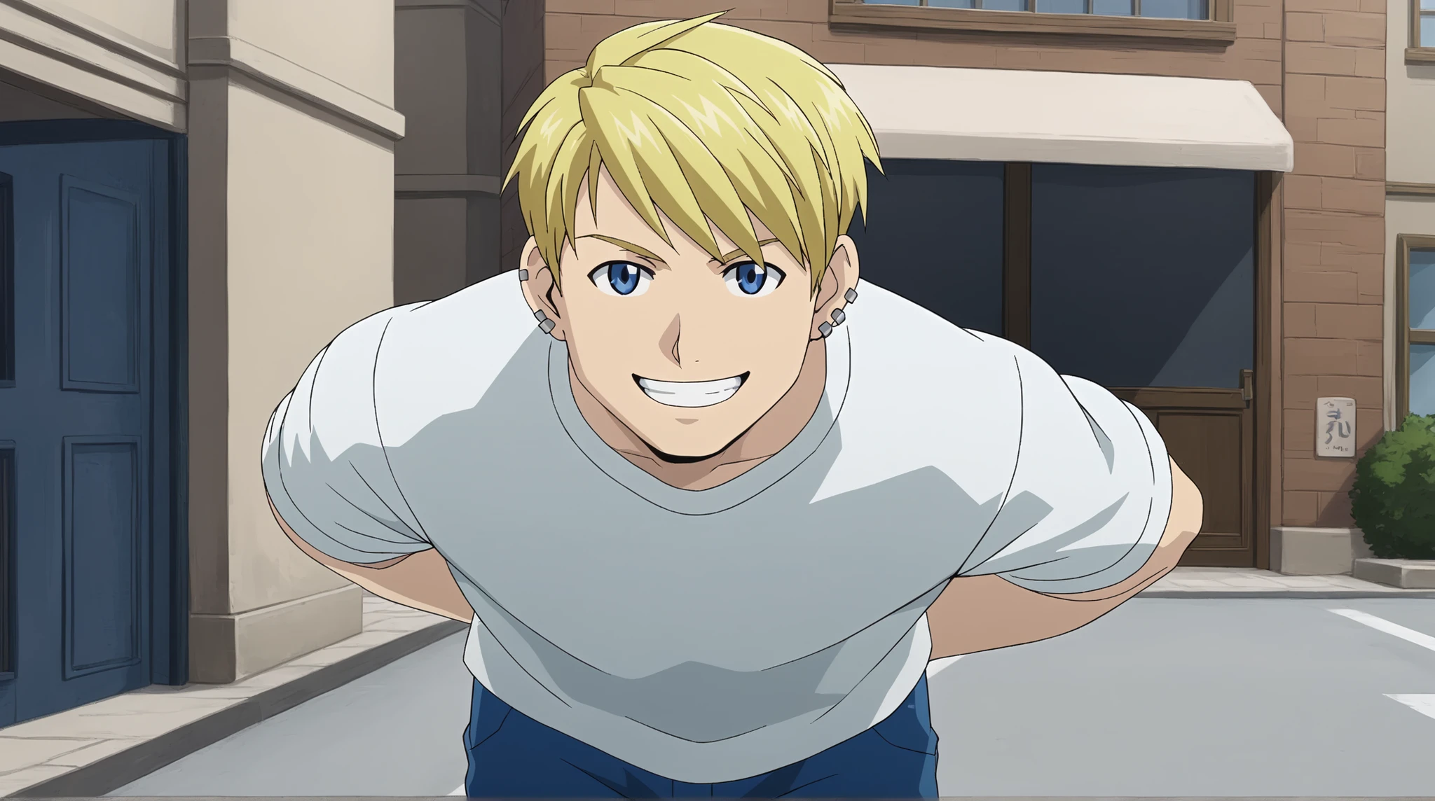 WR, 1boy, solo, male focus, hand some boy, blonde, blue eyes, short hair, white , White shirt, blue pants ear piercings, leaning forward, arms behind back, grin, looking at viewer, street background,