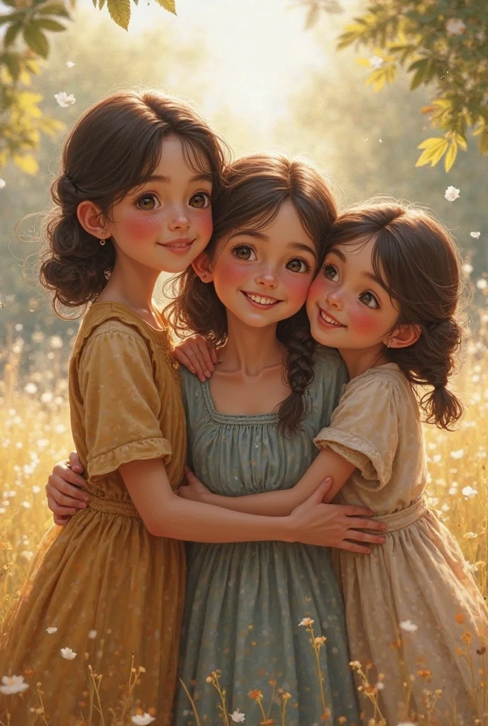 para um livro infantil, The children gathered happily and gave a collective hug, Celebrating the strength of unity and the power of awareness to protect nature.