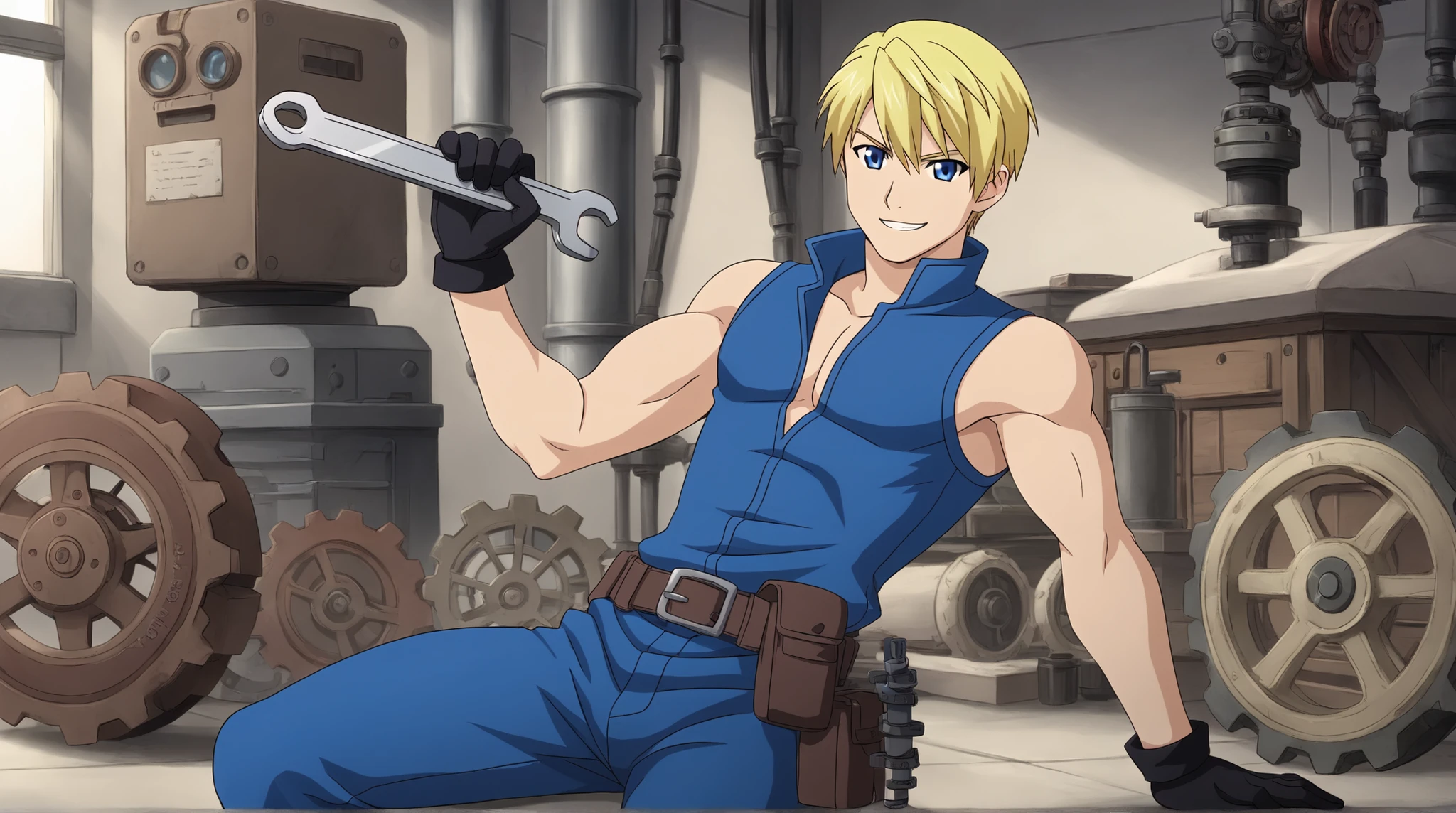 WR, 1boy, solo, male focus, hand some boy, blonde, blue eyes, short hair, white , bright blue eyes, and a confident smirk. He wears a sleeveless blue jumpsuit, black gloves, and a tool belt. Holding a wrench, he works on a complex automail prosthetic in a cluttered workshop filled with gears, metal limbs, and blueprints