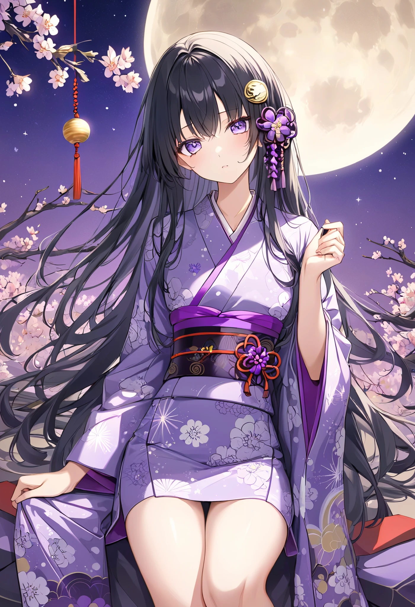 neutral、purple retro modern kimono、Moon pattern on kimono、moon ornaments、 black hair、long hair、 hair down、 moon hair ornament、downer、 small tits、Full moon in the background