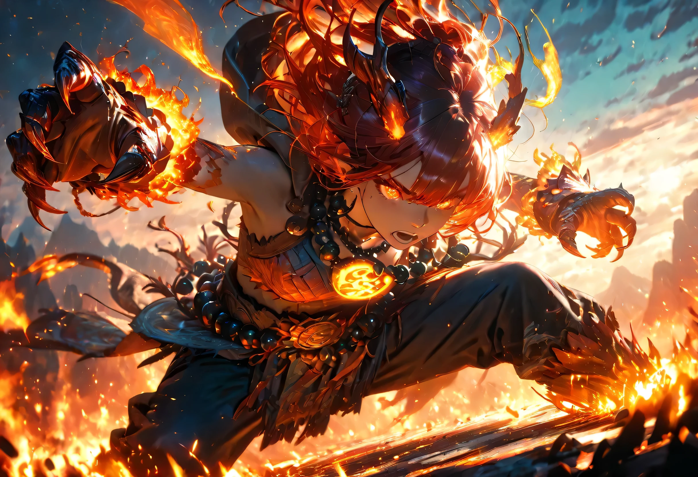 1girl, shaman, giant prayer beads necklace, dragon claw gloves, detailed face and eyes, fire theme, dramatic lighting, dramatic camera angle, highly detailed, intricate details, epic scale, 8K, HDR, photorealistic, cinematic, fantasy landscape, magical atmosphere, glowing embers, dramatic sky, ethereal lighting, vivid colors, attacking pose, dynamic angle,