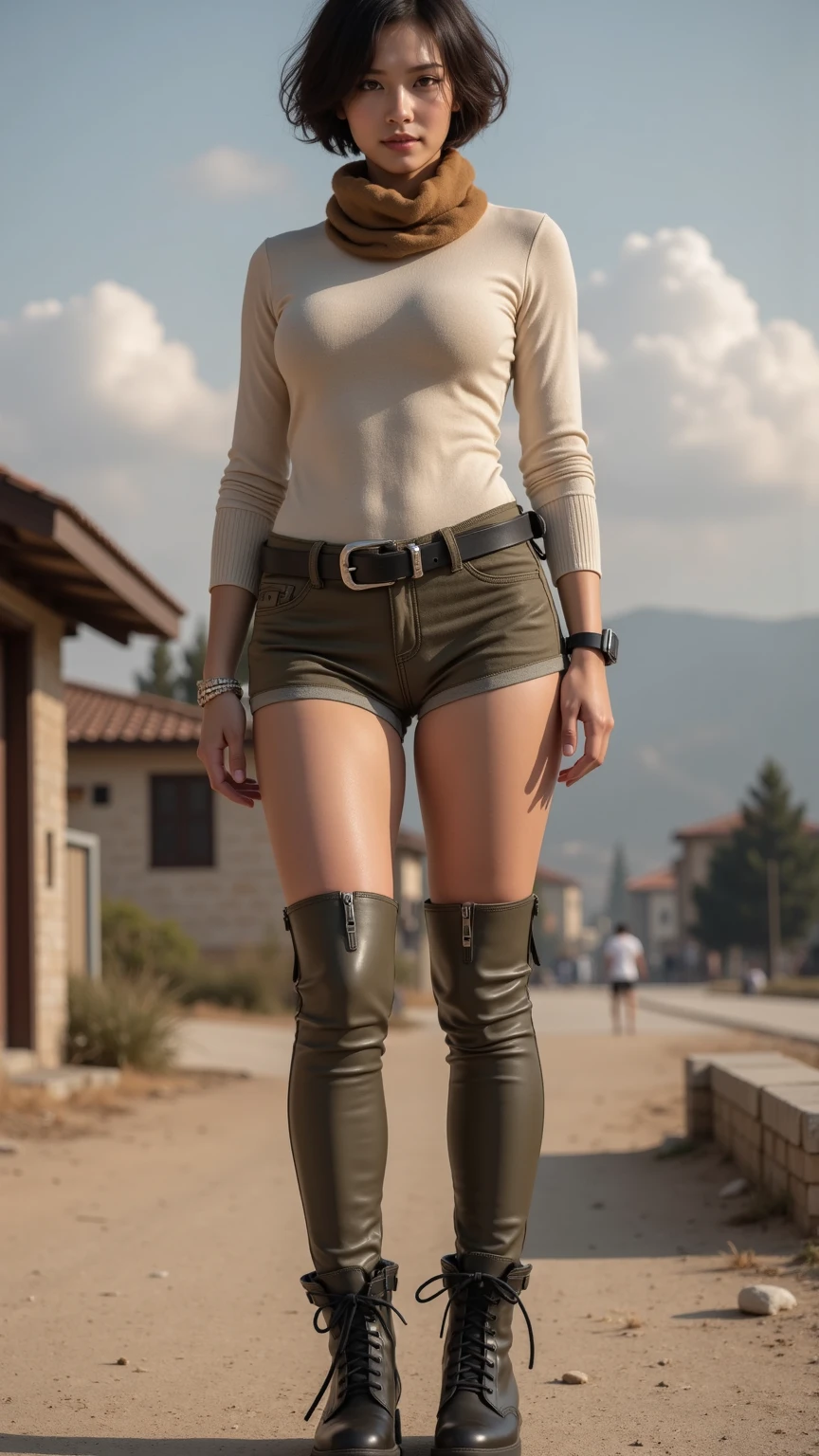((masterpiece)), (best quality), official art, extremely detailed CG, unity 8k wallpaper, ultra detailed, detailed background, vivid color, photorealistic,
doa, ayane, red eyes, short purple hair, black police peaked cap, police, small breasts, cleavage, midriffs, white shirt, front-tie top, black high-waist shorts, belt, black boots, highleg,
full body,
from behind,
eroded cliffs, crumbling edges, treacherous footing, panoramic vistas,
<lora:DOA5LR Ayane Police Costume :0.9>