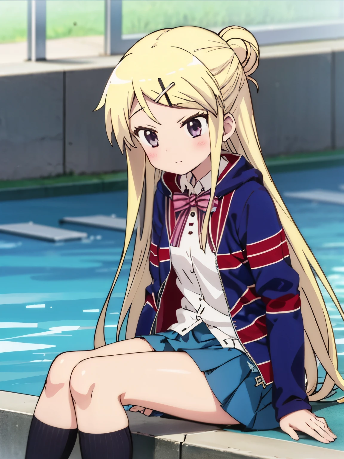1girl with thick thighs in a miniskirt sitting poolside solo KUJO KAREN UNION JACK JACKET, STRIPED BOW, WHITE SHIRT, LONG SLEEVES, PLEATED SKIRT, BLUE SKIRT, KNEEHIGHS Karen's face, knees, and thick thighs