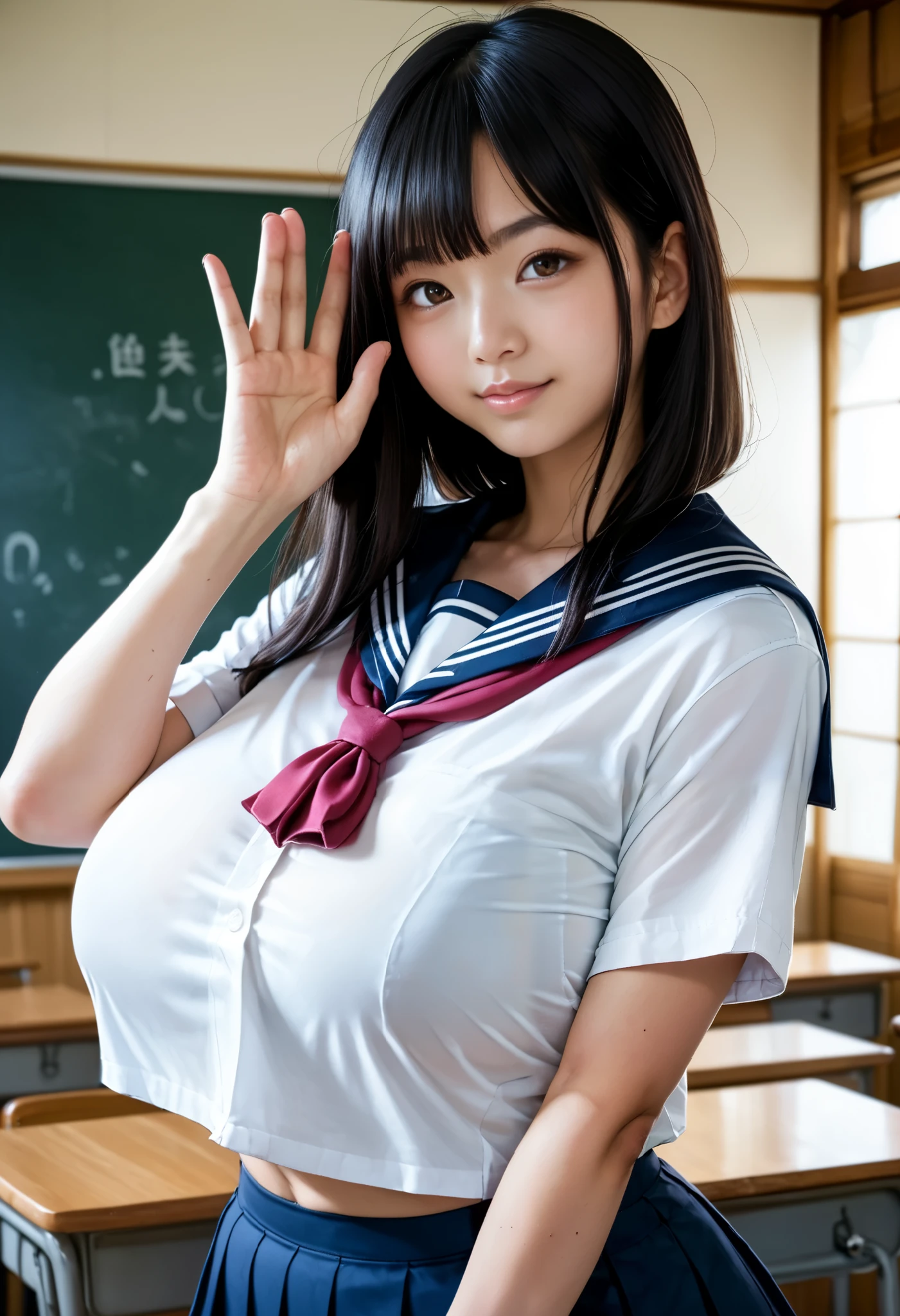 (master piece, best quality, detailed, absurd:1.2), Japanese woman, , (long black hair:1.2), beautiful character designs, beautifully detailed eye depiction , Young face, expressive eyes, brown eyes, school uniforms, sailor skirt, Underwear that looks like it's inside clothes, (huge breasts:1.3), waving, cowboy shot getting an erection, In a classroom where no one else is, orbital space