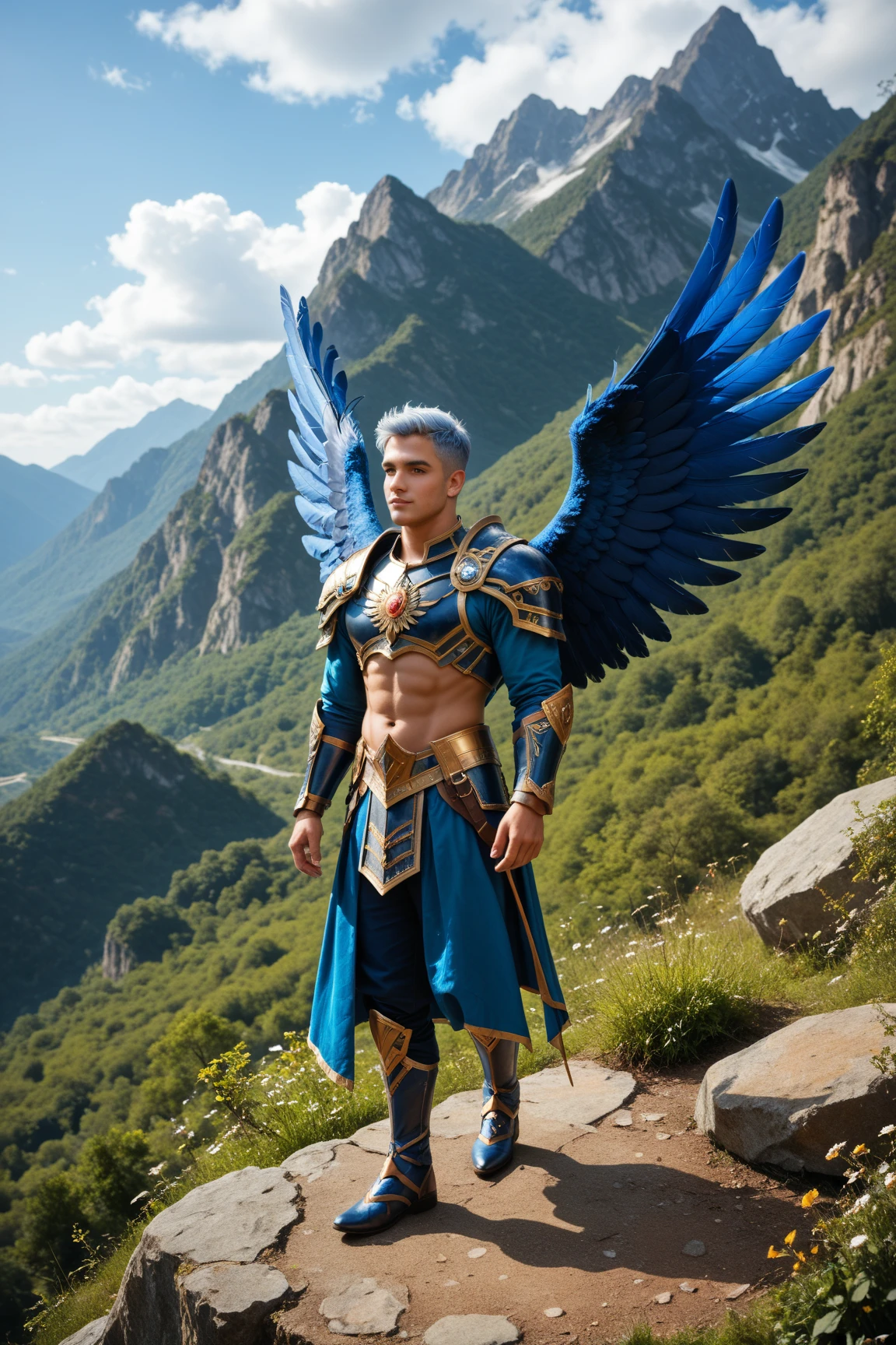 [Buff Toned Male Elf Hero Champion holding sword, proper proportions, male fairy man, chest out, with blue and gold details, large wings, enchanted kingdom in the background, bokeh, vibrant colors, order of priority, desirable assets, RTX textures, beautiful work, superb craftsmanship, masterfully aligned, extremely intricate, detailed features, defined edges, intense focus, HDRI SDR, pic vid, hyper realistic,  high quality, full resolution, epic composition, cinematic lighting, full shot]:0.5 --auto