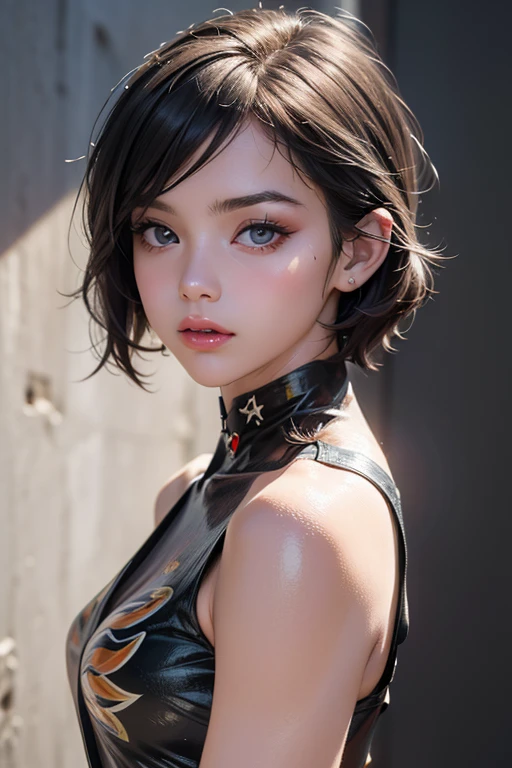 Masterpiece, 1 Beautiful Girl, Detailed, Swollen Eyes, Top Quality, Ultra High Resolution, (Reality: 1.4), Original Photo, 1Girl, Cinematic Lighting, Smiling, Japanese, Asian Beauty, Korean, Clean, Super Beautiful, Little Young Face, Beautiful Skin, Slender, Cyberpunk Background, (ultra realistic), (high resolution), (8K), (very detailed), (best illustration), (beautifully detailed eyes), (super detailed), (wallpaper), (detailed face), viewer looking, fine detail, detailed face, pureerosfaceace_v1, smiling, 46 point slanted bangs, looking straight ahead, neat clothes, dark colored eyes, clothes sleeveless, body facing front,