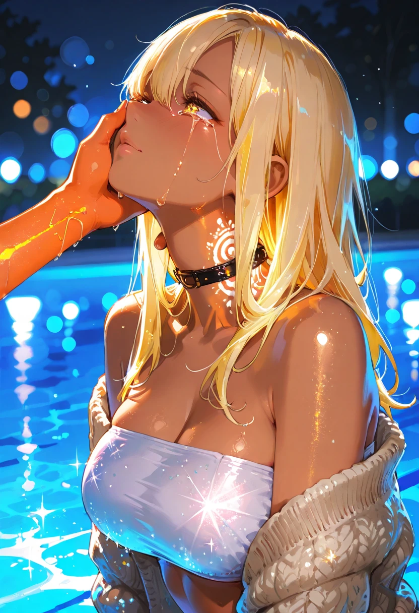 (masterpiece), best quality, expressive eyes, perfect face,Mlynar_\(Arknights\),mature woman,big breasts,[cleavage],black O-ring bikini,blonde hair,long hair,wavy,orange eyes,luxury indoor pool,expressionless,wet body,head tilt,nighttime,full body,standing,arched back
