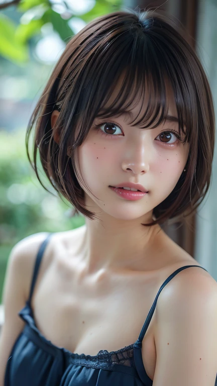 a beautiful young girl, 1girl, extremely detailed eyes and face, beautiful detailed eyes, beautiful detailed lips, longeyelashes, realistic skin, wet and messy hair, realistic fabric, deep dark eyes, graceful face, looking directly at viewer, movie-like cinematic style, detailed hair strands, perfect makeup, light and shadow effects, clair obscur, clear blue sky background, ponytail, realistic lighting, (best quality,4K,8k,highres,masterpiece:1.2),ultra-detailed,(realistic,photorealistic,photo-realistic:1.37),vivid colors,HDR,uhd,studio lighting,ultra-fine painting,sharp focus,physically-based rendering,extreme detail description,professional,smiling,full body,large breasts,short hair,blushing,slightly open mouth,blurred background,Blushing,black bikini