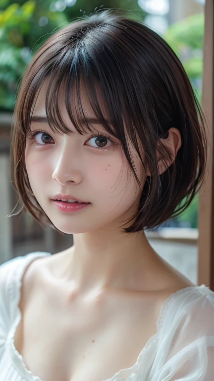 (Bob Cut Hair:1.2),(Wearing a blouse:1.2),1 person,Japanese,21 years old,(Small breasts:1.3),(Highest quality,masterpiece:1.3,Ultra-high resolution,),(Very detailedな,Caustics),(Realistic:1.4,RAW shooting,)Ultra-Realistic Capture,Very detailed,High resolution 16K human skin closeup。 Natural skin texture、,pores、、It needs to be detailed enough to be easily identifiable。 Skin tone is even and healthy looking。 Use natural light and color, Happy expression, Looking into the camera, Perfect dynamic composition, Outdoor