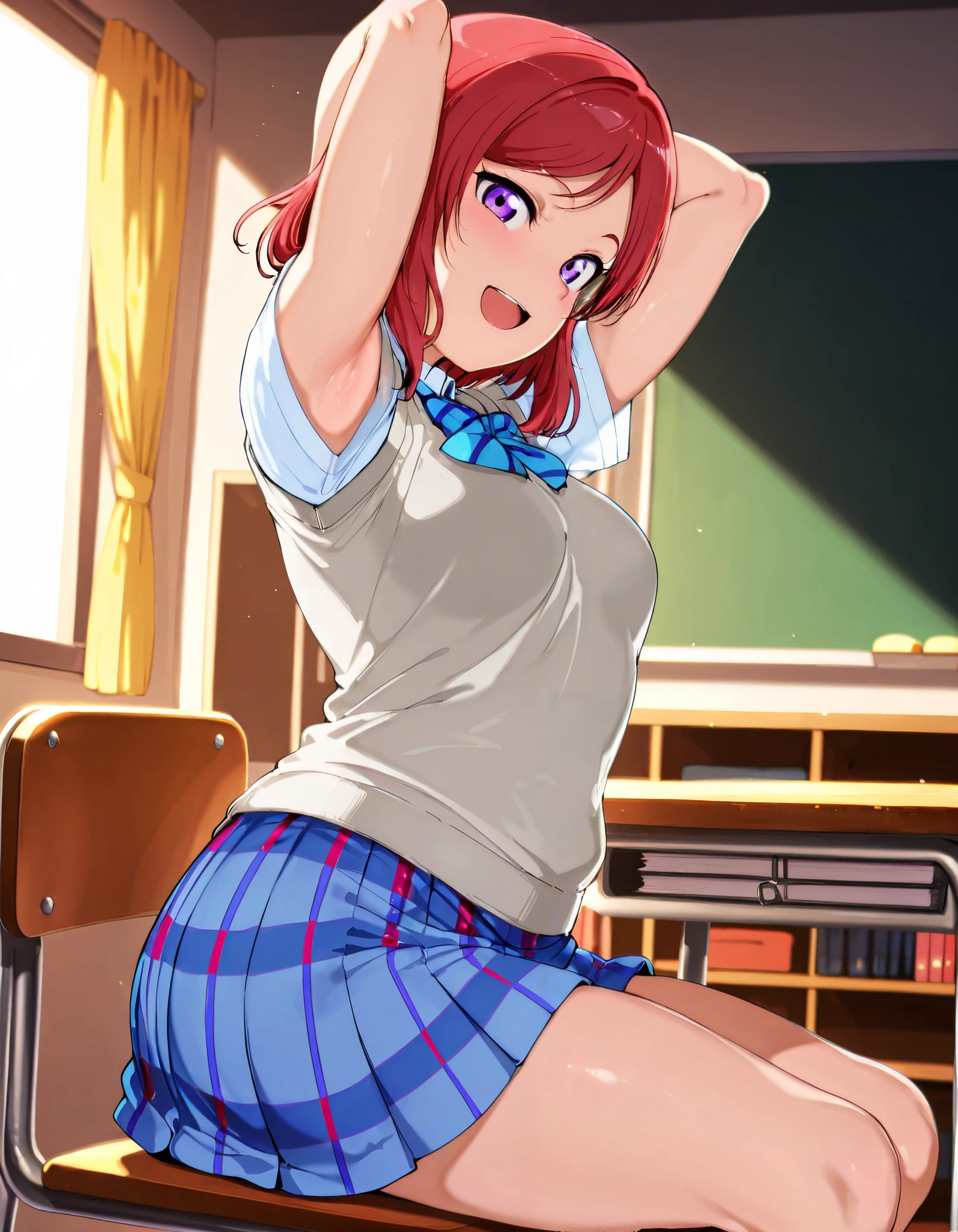 lovelive_maki,
sweater vest, short sleeves, blue plaid skirt, blue stripe bowtie, breasts, red hair, medium hair, purple eyes

,BREAK, armpit, arms over head, focus on armpit,
smile, ,scorn,open mouth, (cheerful),looking at viewer,\(red blush\), embarrassed, 

BREAK,Alp,

,sitting,looking at viewer, 
from side,show armpit from short sleeves,

((masutepiece,hight resolution)), masutepiece, Best Quality, , absurderes, Perfect Skin, Detailed skin texture, ultra-detailliert, 8K, Intricate details, beautifull detailed face,hight resolution, 1girl ,from front,

indoors,class room