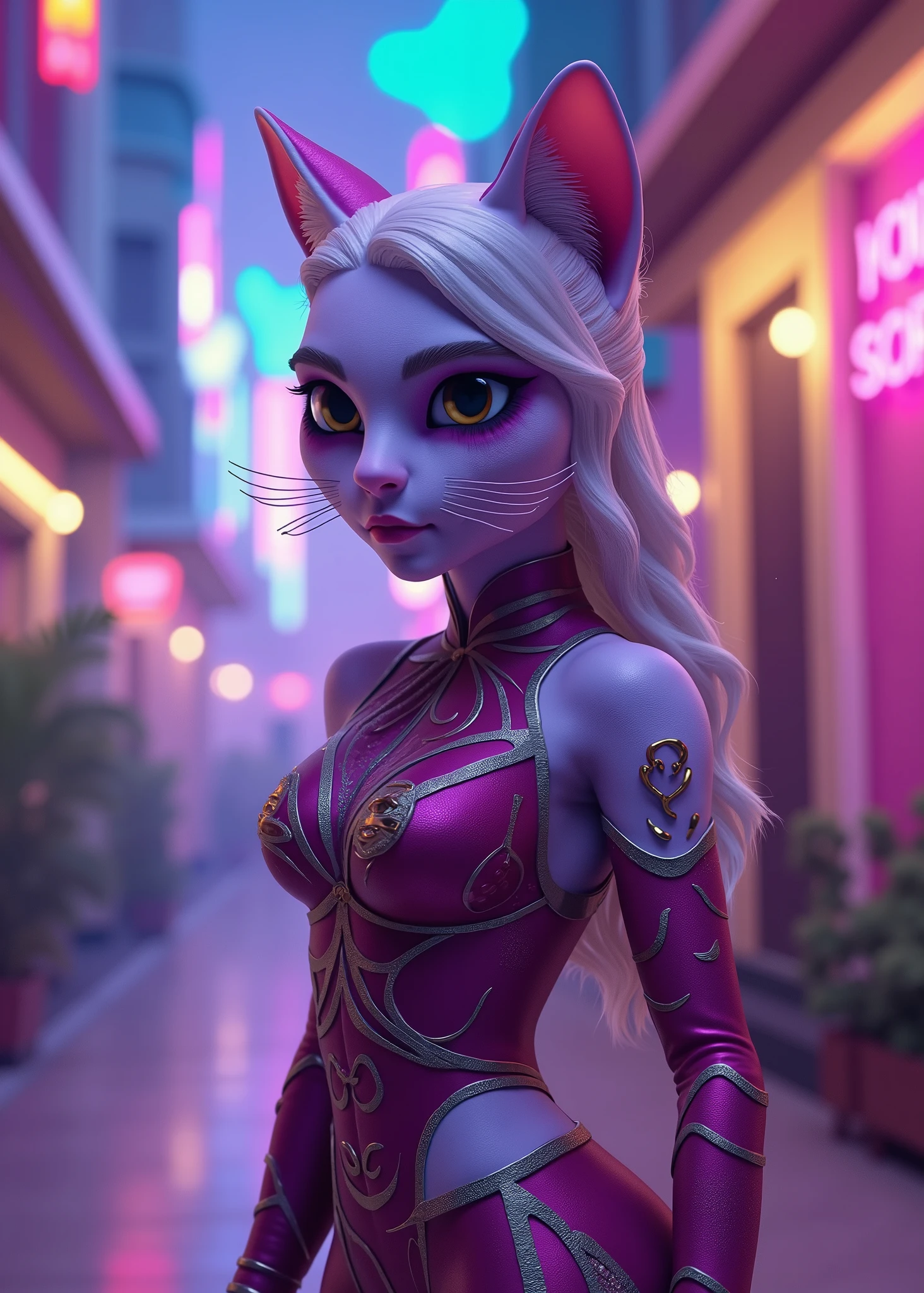 Anthropomorphic cat、stands on two legs、 Sexy Style 、Colorful environment、 cat costume