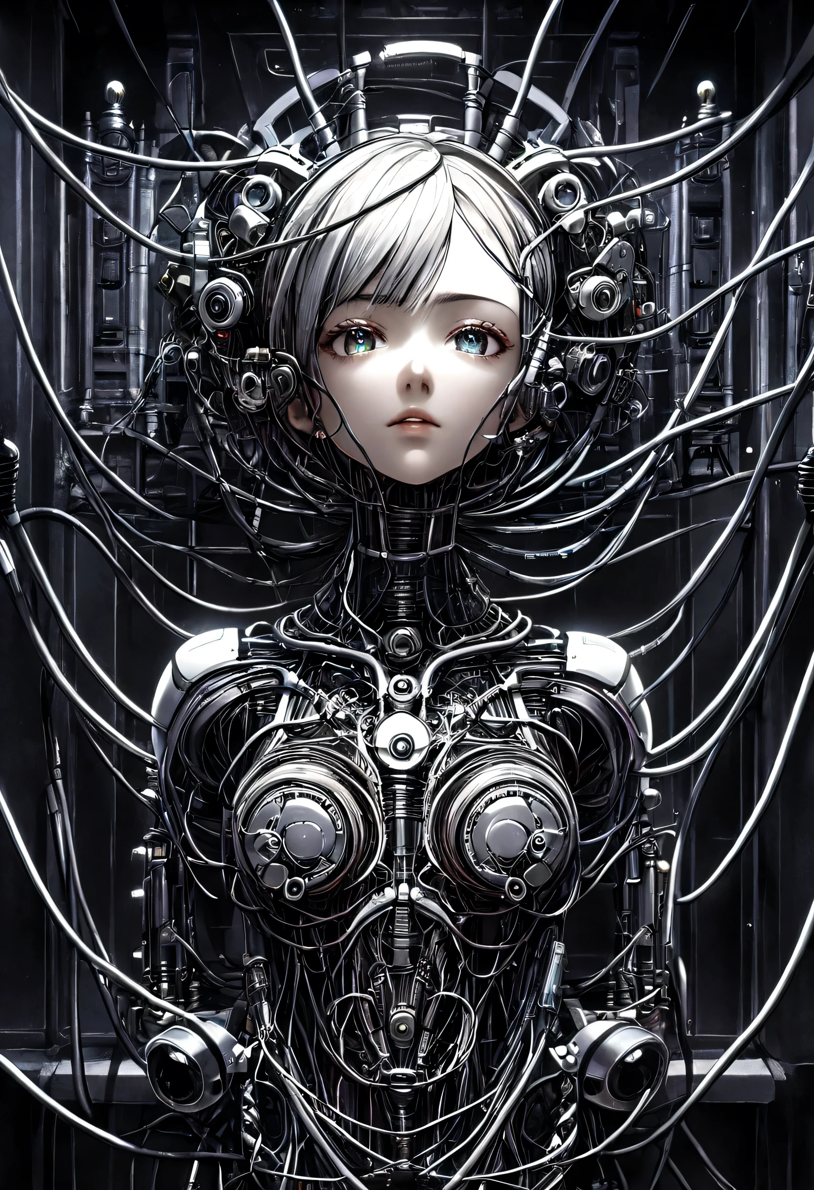 (masterpiece, Top Quality, best quality, official art, beautiful and artistic:1.2), (Wires and cables to attach to 1 android girl:1.3), extremely detailed,colorful,Most detailed ((super detailed)), (highly detailed CG illustrations), ((very delicate and beautiful)),cinematic lights ,(( 1 mechanical girl in a European castle)),Alone,full body,(Mechanical joints:1.2),(mechanical vertebrae connected to the back),(( Mechanical neck that attaches to the neck )),expressionless,(wires and cables attached to the neck:1.2),(Head Wiring and Cables:1.2)(character emphasis),science fiction,white black,