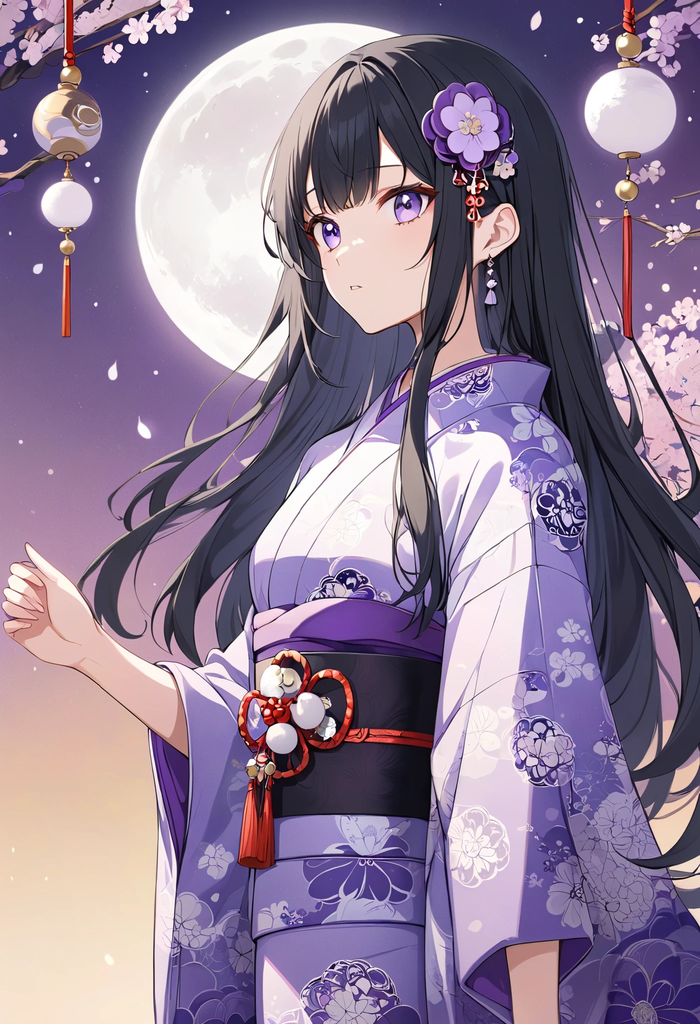 neutral、purple retro modern kimono、Moon pattern on kimono、moon ornaments、 black hair、long hair、 hair down、 moon hair ornament、downer、 small tits、Full moon in the background