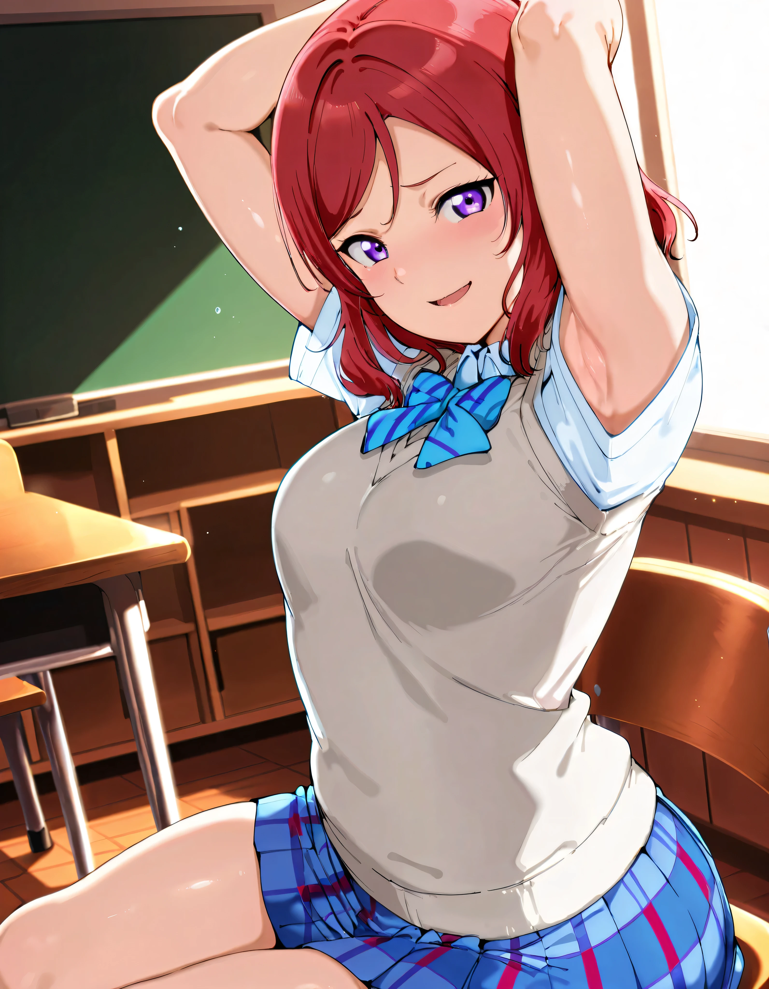 lovelive_maki,
sweater vest, short sleeves, blue plaid skirt, blue stripe bowtie, breasts, red hair, medium hair, purple eyes
,BREAK, armpit, arms over head, focus on armpit,
smile, ,scorn,open mouth, (cheerful),looking at viewer,\(red blush\), embarrassed,
BREAK,Alp,
,sitting,looking at viewer,
from side,show armpit from short sleeves,
((masutepiece,hight resolution)), masutepiece, Best Quality, , absurderes, Perfect Skin, Detailed skin texture, ultra-detailliert, 8K, Intricate details, beautifull detailed face,hight resolution, 1girl ,from front,
indoors,class room