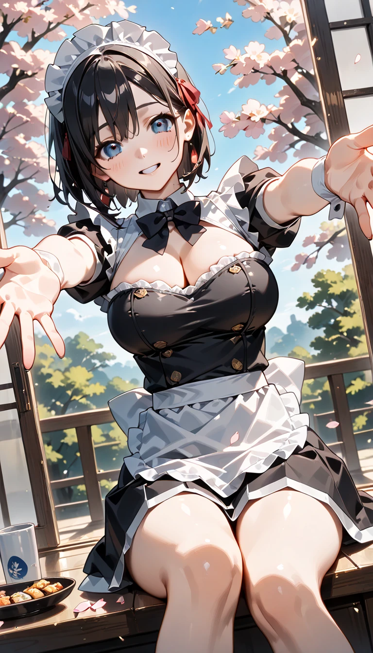 (Perfect hands、Perfect Fingers、Perfect Anatomy)、1 female、Ecstasy face、Detailed eyes、Beautiful short hair、Curly Hair、Very fine and shiny eyes、Fuller lips、This image exudes reality、Capturing the essence of delicate portraits、Digital Art、Photorealistic and highly detailed technology、(Big Breasts:1.5)、(Short skirt:1.6)、(Maid clothes:1.3)、(Bodyline)、(Japanese women)、(Panty shot:1.4)、Emphasized buttocks、(Stick your butt out:1.2)、Glasses、(Angle from behind:1.2)