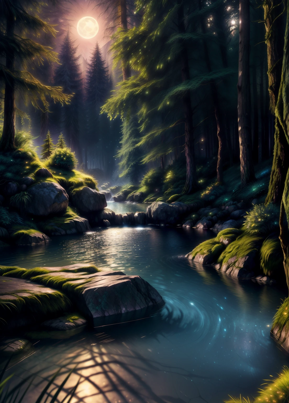 a magical enchanted forest, full moon rising from behind the hills, people wandering through the lush greenery, beautiful detailed eyes,beautiful detailed lips,extremely detailed eyes and face,longeyelashes, fantasy landscape, moody lighting, dramatic shadows, vibrant colors, intricate details, (best quality,4k,8k,highres,masterpiece:1.2),ultra-detailed,(realistic,photorealistic,photo-realistic:1.37),cinematic lighting,dramatic atmosphere,mystical,whimsical