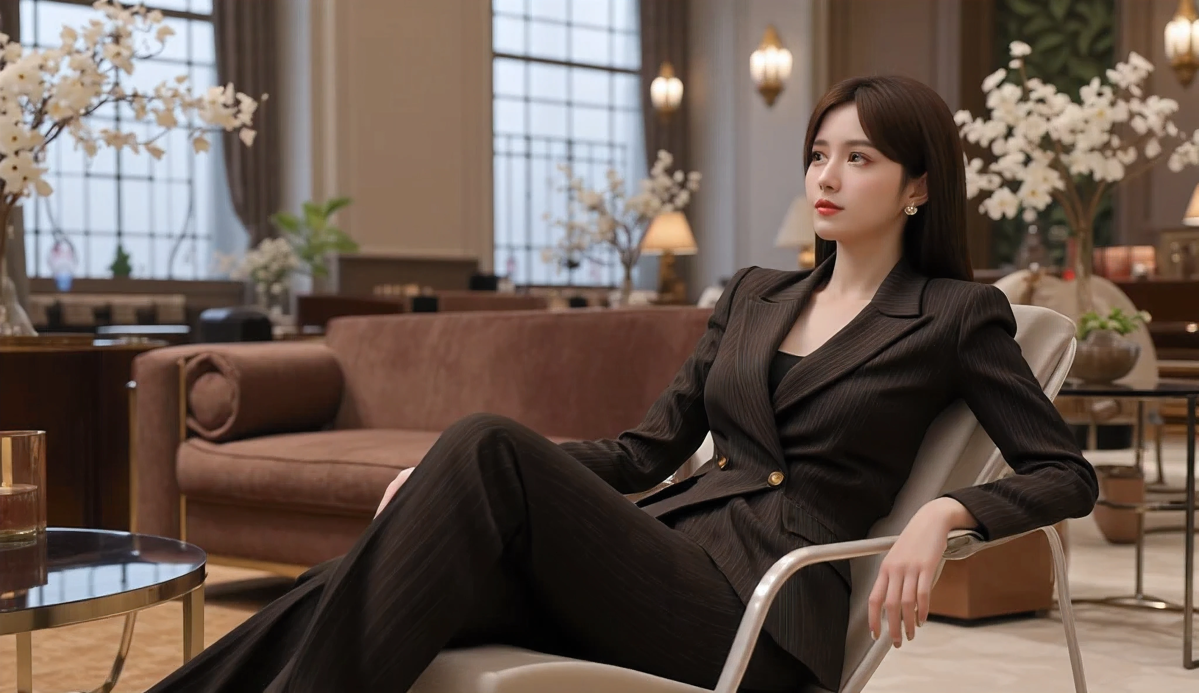 A Japanese woman in a chic outfit sitting on a chair in a luxury hotel