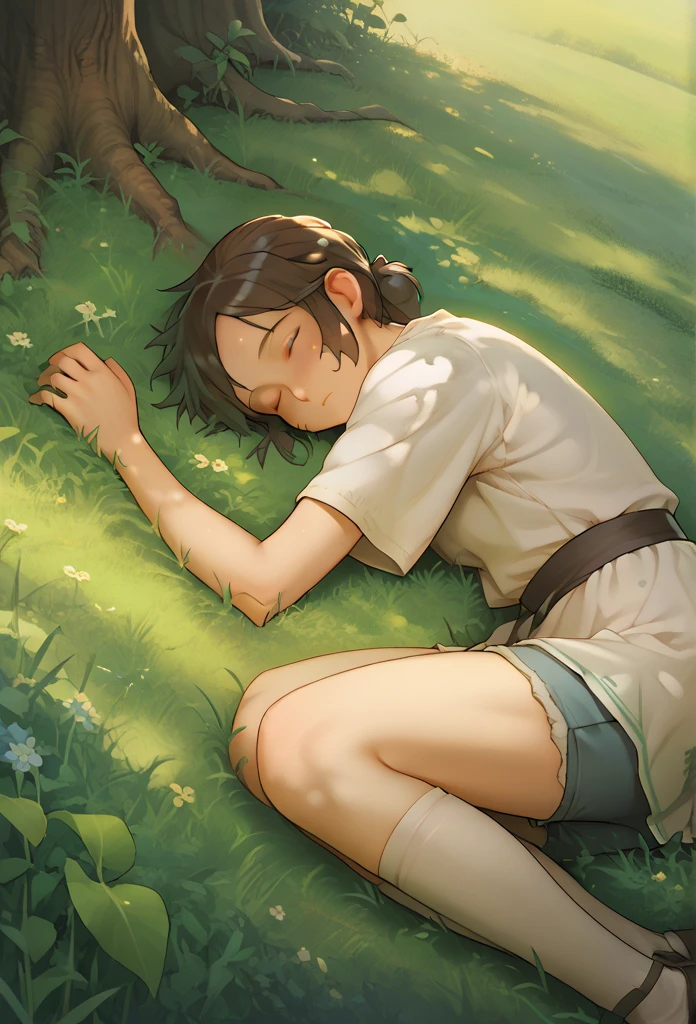 1girl, solo, gentle smile on her face flat chest, short hair, black hair, ((masterpiece, illustration, best quality)) ((best quality)), ((masterpiece)), (masutepiece:1.5, Best Quality:1.5), 1girl, solo, on side, closed eyes, black hair, lying,short hair, sleeping, full body, shadow, sunlight, streaked hair, signature, leaf, bangs, from above, closed mouth, outdoors, day, shade, grass, parted lips, dappled sunlight, white dress shirt, white pants