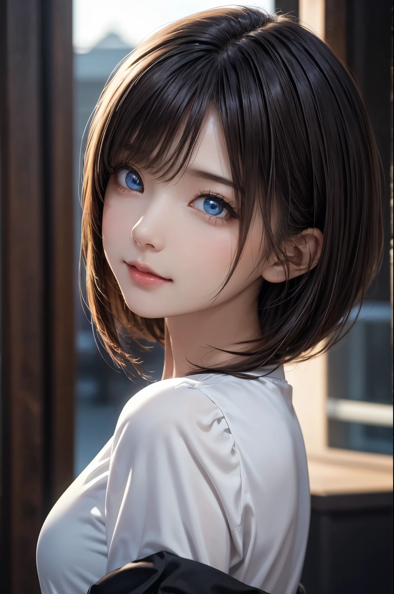 kawaii girl, (masterpiece, high quality, high resolution:1.2), straight bob hair, shiny hair, (((ultra detailed eyes))), (glowing eyes), beautiful glossy lips, (beautiful detailed face, angelic beauty:1.2), soft facial contours, radiant skin glow, beautiful breasts, wearing Glossy lightweight casual blouse, Satin black pleated skirt, professional photography, ultra detailed, sharp focus, cinematic lighting, warm sunset light, ethereal glow