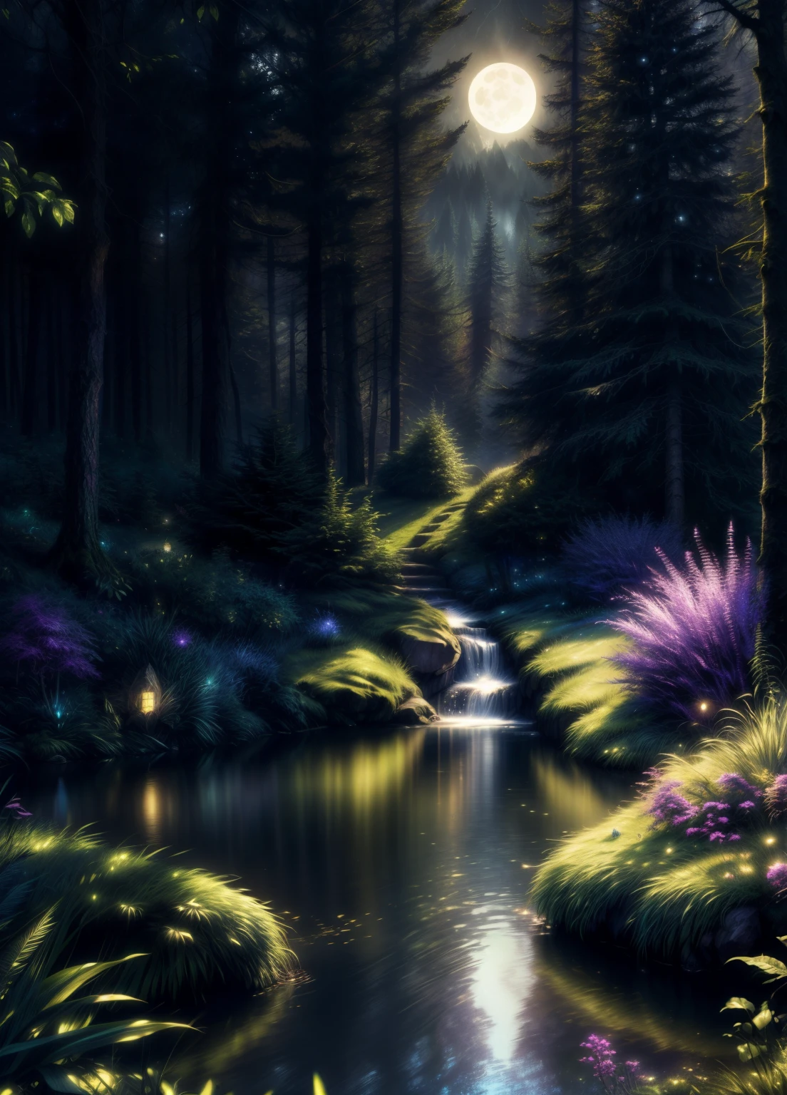 a magical enchanted forest, full moon rising from behind the hills, people wandering through the lush greenery, beautiful detailed eyes,beautiful detailed lips,extremely detailed eyes and face,longeyelashes, fantasy landscape, moody lighting, dramatic shadows, vibrant colors, intricate details, (best quality,4k,8k,highres,masterpiece:1.2),ultra-detailed,(realistic,photorealistic,photo-realistic:1.37),cinematic lighting,dramatic atmosphere,mystical,whimsical