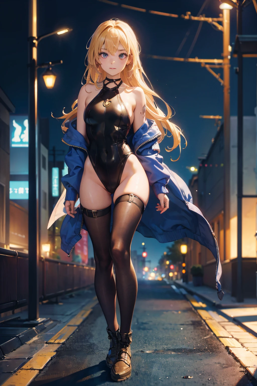 (8k, RAW photos, top quality, masterpiece: 1.2), ultra detail, super resolution, (real, real photos: 1.37),1 girl,20 years old,dark blonde hair,straight hair,detailed hair,beautiful face,detailed face, blue eyes,detailed eyes,(Thight black Bodysuit,Long Bodysuit,long sleeves),detailed bodysuit,small breasts,standig straight,looking at viewer,skinny body,(thick thighs:1.5),wide hips,feminine hips,sneakers,outside,cinematic light,full body view,Arms behind back,narrow waist,standig straight,
