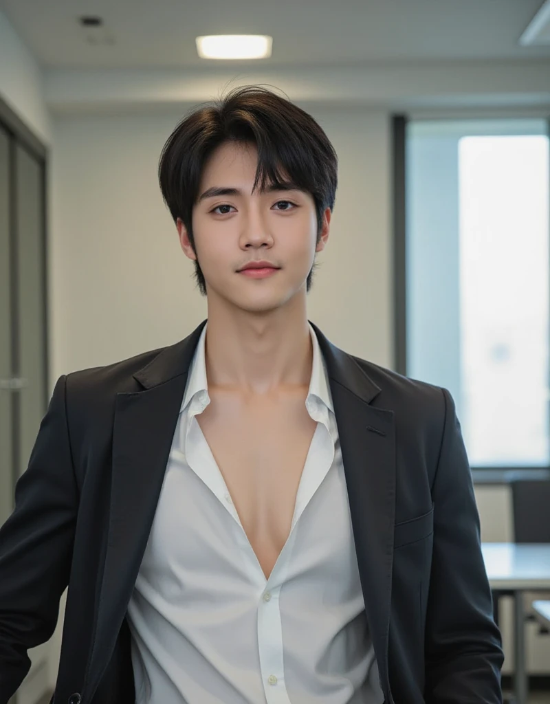 1 handsome Japanese guy,27years old,Lawyer,Formal shirt and tie, Lawyer服, Professional Dress, Handsome and elegant, Wearing a black uniform, sexy abstinence, in blouse wearing, Masculine and handsome,musculous,Muscles look good,hairy bodies,with fair skin,黑The eye(thin eyes 1:3),Full body photo,lewd face, tight chest, provocatively, unbutton buttons ,sexy