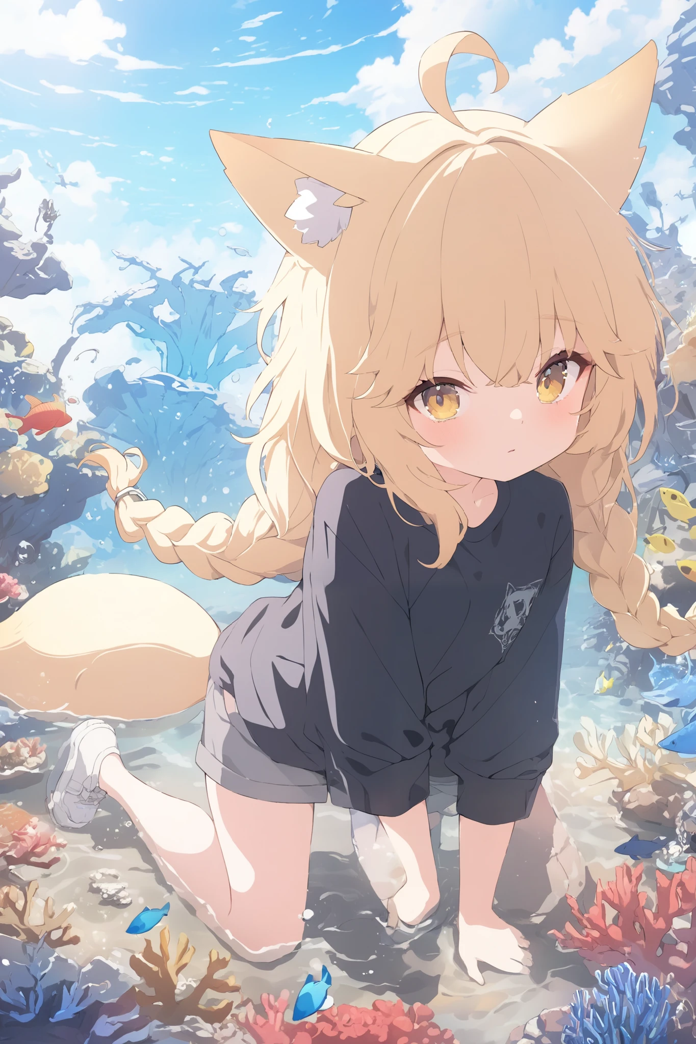 by mirufuaa, sea, ocean, beach, sunny, sky, outdoors, cloudy sky, sunbeam, school swimsuit, looking to the side, embarrassed, upper body, standing in water
BREAK
 cinematic angle, cinematic lighting, masterpiece, best quality, <lora:senko_animagineXL_v1:1> sen, blonde hair, animal ears, fox ears, blush, animal ear fluff, hair ornament, fox girl, hair flower, hair between eyes, short hair, fox tail, tail, flat chest, yellow eyes, young girl