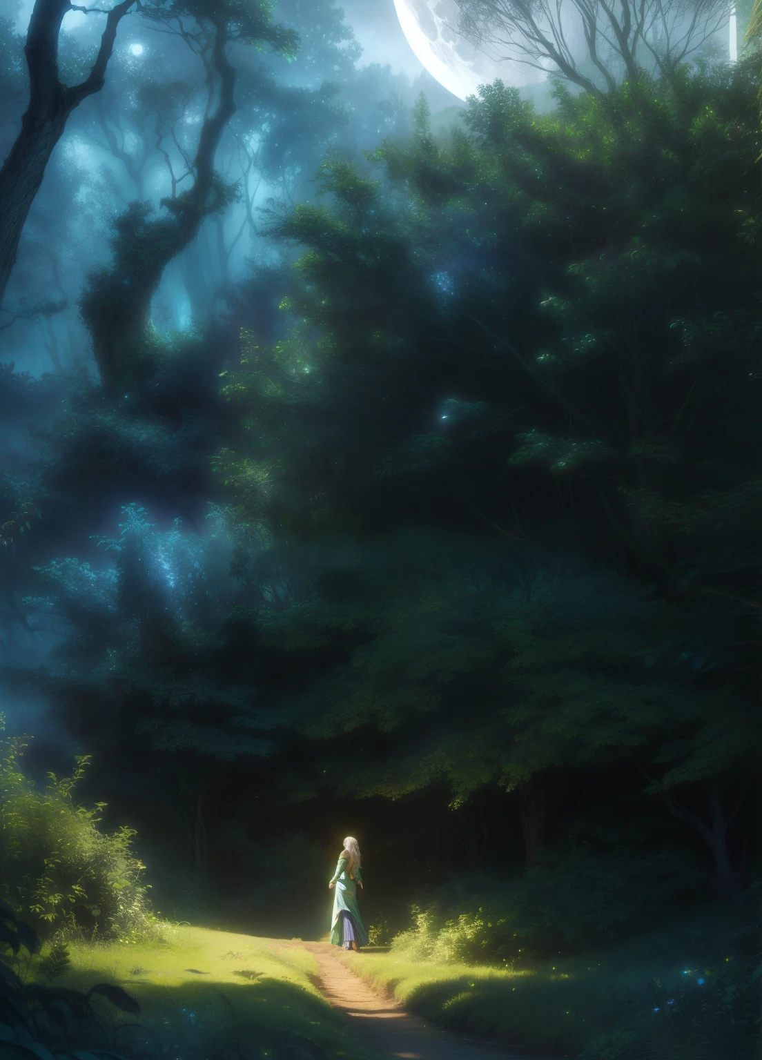 a magical enchanted forest, full moon rising from behind the hills, people wandering through the lush greenery, beautiful detailed eyes,beautiful detailed lips,extremely detailed eyes and face,longeyelashes, fantasy landscape, moody lighting, dramatic shadows, vibrant colors, intricate details, (best quality,4k,8k,highres,masterpiece:1.2),ultra-detailed,(realistic,photorealistic,photo-realistic:1.37),cinematic lighting,dramatic atmosphere,mystical,whimsical
