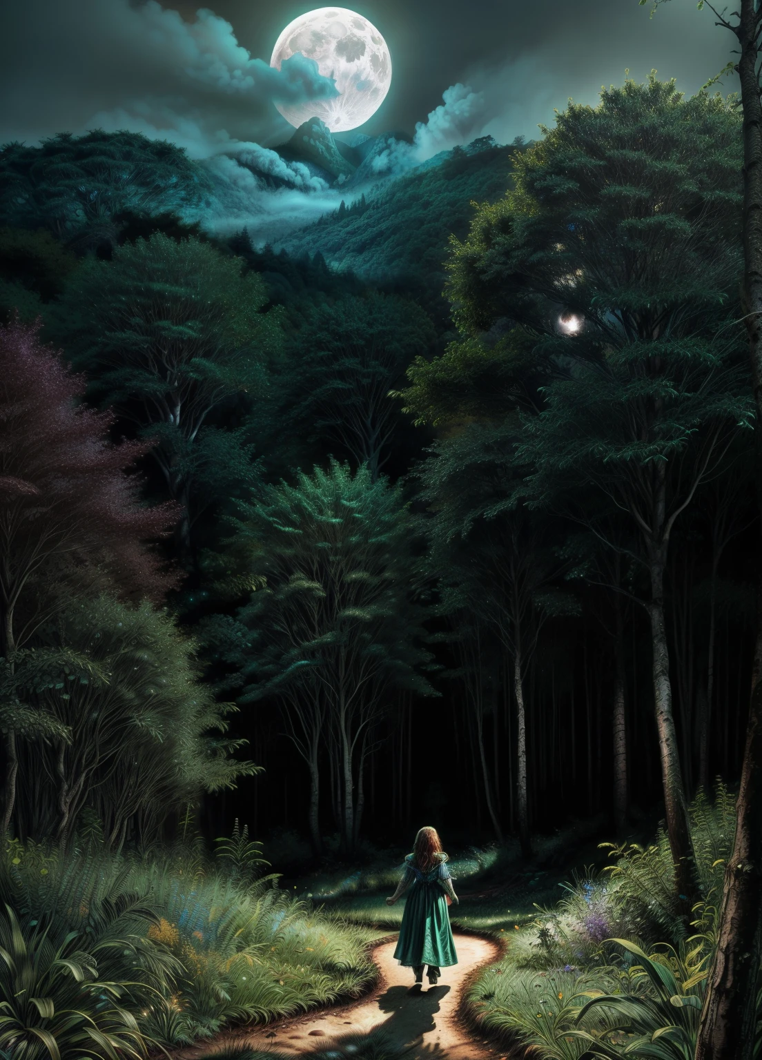 a magical enchanted forest, full moon rising from behind the hills, people wandering through the lush greenery, beautiful detailed eyes,beautiful detailed lips,extremely detailed eyes and face,longeyelashes, fantasy landscape, moody lighting, dramatic shadows, vibrant colors, intricate details, (best quality,4k,8k,highres,masterpiece:1.2),ultra-detailed,(realistic,photorealistic,photo-realistic:1.37),cinematic lighting,dramatic atmosphere,mystical,whimsical