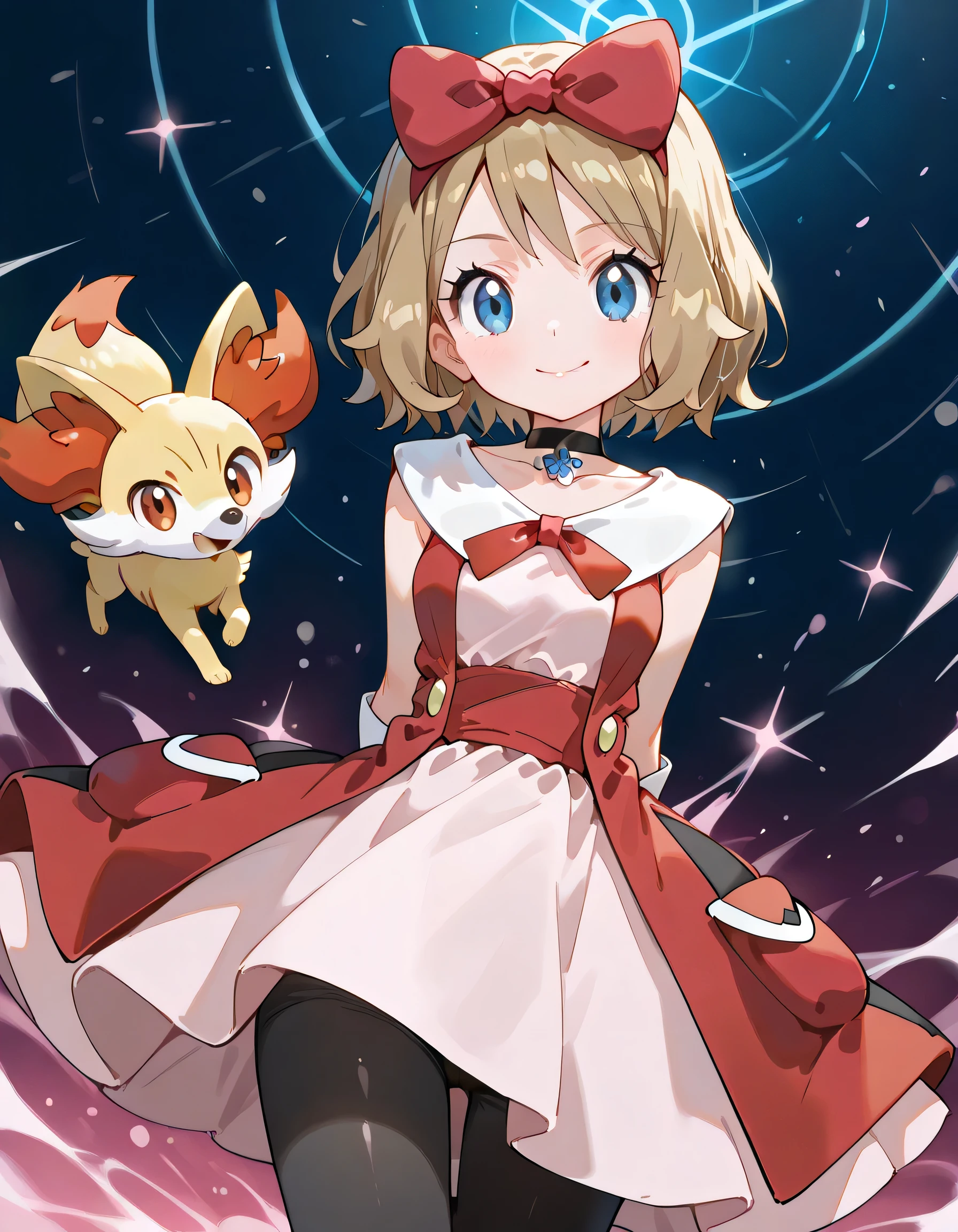(dynamic angle,dynamic pose:1.3),(looking at viewer),arms behind back,with Fennekin(Pokemon):1.2,ars old,natural cosmetic, 1girl , serena \(Pokemon\), short hair, blonde hair, blue eyes, eyelashes
hair bow, black choker, dress, collarbone, white gloves, black pantyhose,shiny skin,happy smile,Enchanting chest:1.3,I am the star:1.3,(flat color beautiful Pokemon monsterball background),memorial shot+,Nostalgic scene,