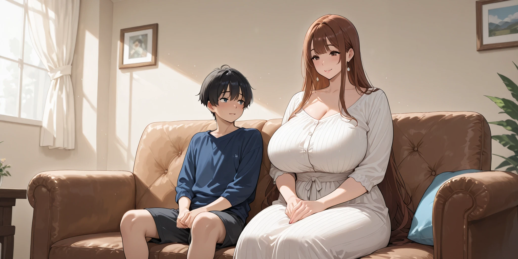 Anime image of a woman and a boy sitting on a couch - SeaArt AI