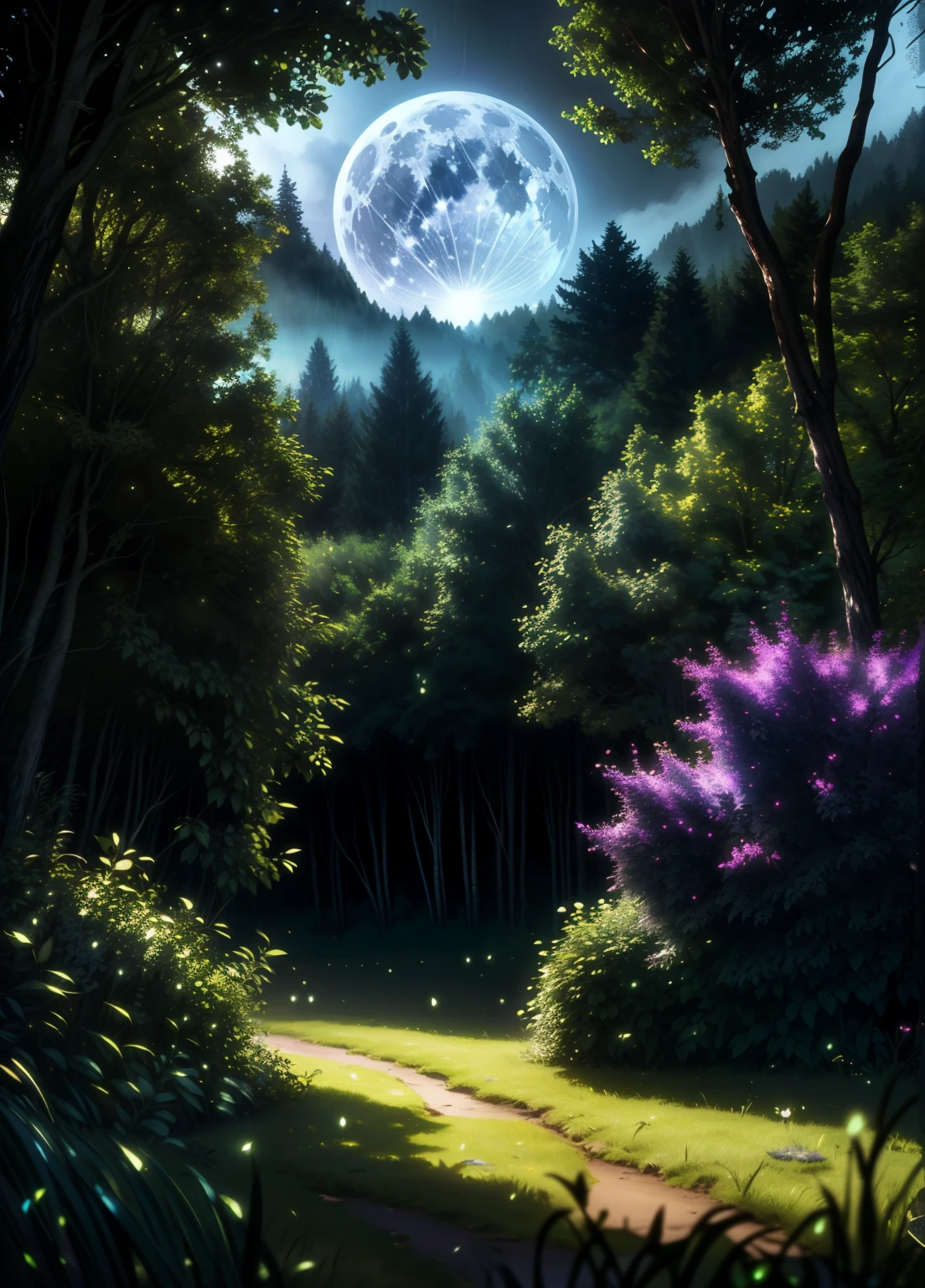 a magical enchanted forest, full moon rising from behind the hills, people wandering through the lush greenery, beautiful detailed eyes,beautiful detailed lips,extremely detailed eyes and face,longeyelashes, fantasy landscape, moody lighting, dramatic shadows, vibrant colors, intricate details, (best quality,4k,8k,highres,masterpiece:1.2),ultra-detailed,(realistic,photorealistic,photo-realistic:1.37),cinematic lighting,dramatic atmosphere,mystical,whimsical
