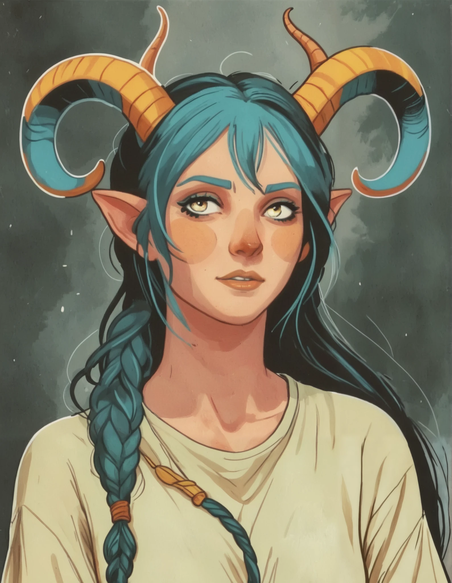 score_9, score_8, score_7, score_8_up, score_7_up, 1girl, solo, worried expression, tiefling girl, flat shading, emotional scene, neon highlights, cartoon, in gougoupaintleaves style:1.5, illustration, sketch, sketch lines, gouache painting, focus on face, dynamic angle:1.5, illustrStyle, novuschroma57 style cartoon, novuschroma style, pastels on black
