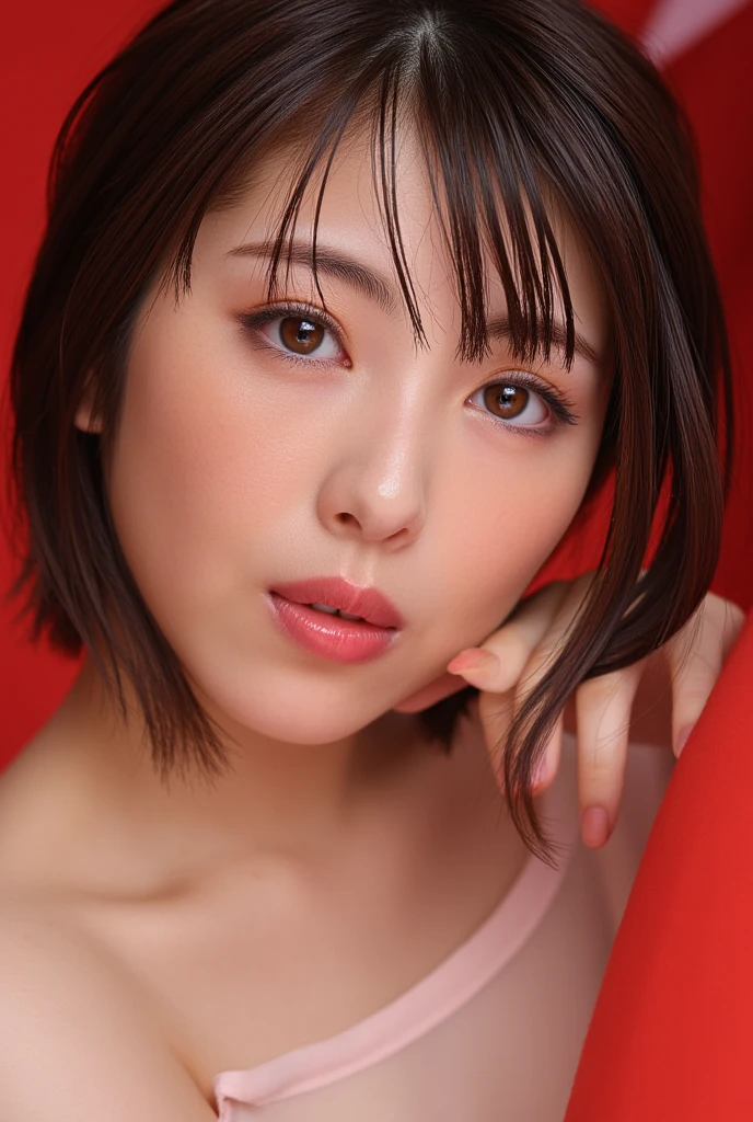 (software:1.8、masterpiece, highest quality),1 girl, alone, hyper Realistic, Realistic,Realistic, Looking at the audience, Light brown eyes:1.4,Brunette Short Bob Hair with highly detailed shiny hair, bright red clothes:1.4, Lepangas:1.4), Mouth closed, Upper Body、big chest eye、eyelash、{Huge|big chest|Huge|Mega} whole :2, Chest cleavage:2、(((Add highlights to the eyes:1.4、big chest eye、Short Bob Hair、Glowing Skin:1.4、Looking at the audience、She is very beautiful and cute、Show me your ears、Beautiful long neck、smile、Close your mouth and smile、Bangs and beautiful teeth)))、Ideal body type、((beautiful, A blank red background:2、simple, Blank Red Background:2、Very simple red background:2))、Beautiful long neck:1.4、(({Huge|big|Huge|Mega} chest, Chest cleavage:2、Upper Bodyは服を着ていない:1.6))、(((Portraiture:2、Face close-up:2、Face close-up:2)))、Perfect Anatomy