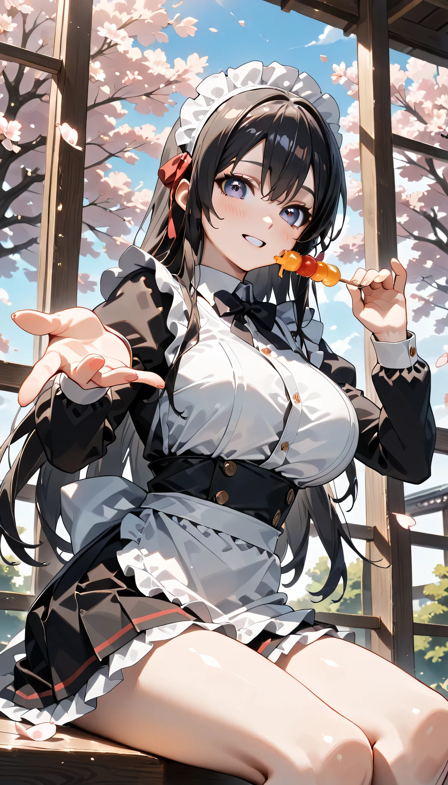 ((ultra-detailed)), (highly detailed CG illustration), (best quality:1.2), ultra-highly detailed, colorful composition, artistic photoshoot, 1girl, solo focus, ((thigh to top:1.4)), ((cowboy shot:1.4)), moe anime character, 20 years old girl, dainty facial structure, (), (round face), ((rounded chin:1.2)), ((ideal ratio body proportions)), celia-default, celia claire, blue eyes, ((wearing glasses:1.4)), g-boston19A, glasses, ((black hair color:1.4)), ((long hair)), ((half updo)), (hair ribbon with red), ((fluttering hair)), french maid uniform, maid headdress, open clothes, white frilled chichi-bukuro, ample breasts, black neck bow with ruby jewelry, outstretched arms, black miniskirt with white frilled, frilled apron, ((eating mitarashi dango:1.4)), mitarashi dango is Skewered dumplings with brown sauce, ((delicious:1.5)), ((smile:1.4)), ((happy:1.4)), ((joyful:1.4)), ((blush:1.4)), ((sitting along the roadside the cherry blossom trees lined:1.4)), ((japanese teahouse:1.4)), ((cherry blossom petals dancing)), beautiful detailed sky, low angle, from front, best quality, masterpiece, expecting, pink cheek, blush, light pink gloss slip, portrait, depth of field, soft lighting, sidelighting, (shine), lighting, caustics, ray tracing, perfect face, lustrous skin, highly detailed face, perfect face, perfect nose, perfect hair, perfect eyes, perfect anatomy, beautiful hair, beautiful small face, extremely detailed face, beautiful detailed eyes, beautiful clavicle, beautiful body, beautiful huge breasts, leavage, breasts squeezed together, equalize the size of the left and right breasts, beautiful thin thighs, beautiful legs, beautiful fingers, 4 fingers, 1 thumb, lovely, (very detailed background:1.0), (highly detailed background:1.0), spring aesthetic, intricate details, joyful atmosphere, spring colors palette, chromatic aberration