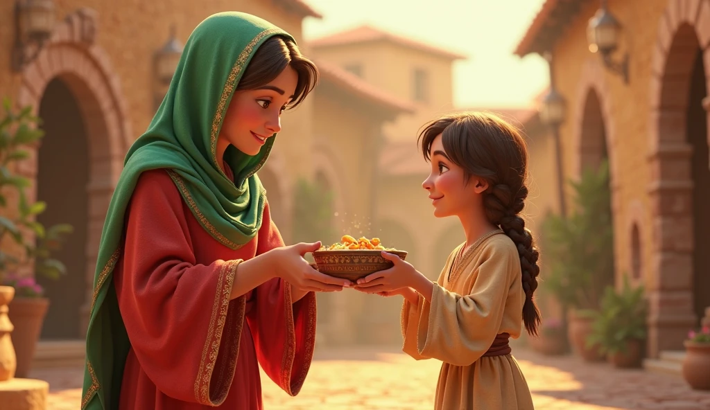 A warm and realistic 3D Disney-Pixar style illustration of young Saint Lucy (Santa Luzia) helping a  in a historical village setting. She wears a flowing red tunic and a bright green mantle with golden details, covering her head. She has a kind and serene expression as she gently hands a bowl of food to a small  with innocent eyes and a grateful smile. The  wears simple beige clothing and looks up at Santa Luzia com admiração. The background depicts an ancient Mediterranean village with warm sunlight, soft shadows, and traditional houses with terracotta roofs. The atmosphere is peaceful, inviting, and full of warmth, with a golden glow illuminating the scene. The format is 16:9, ideal for ren's animation and storytelling