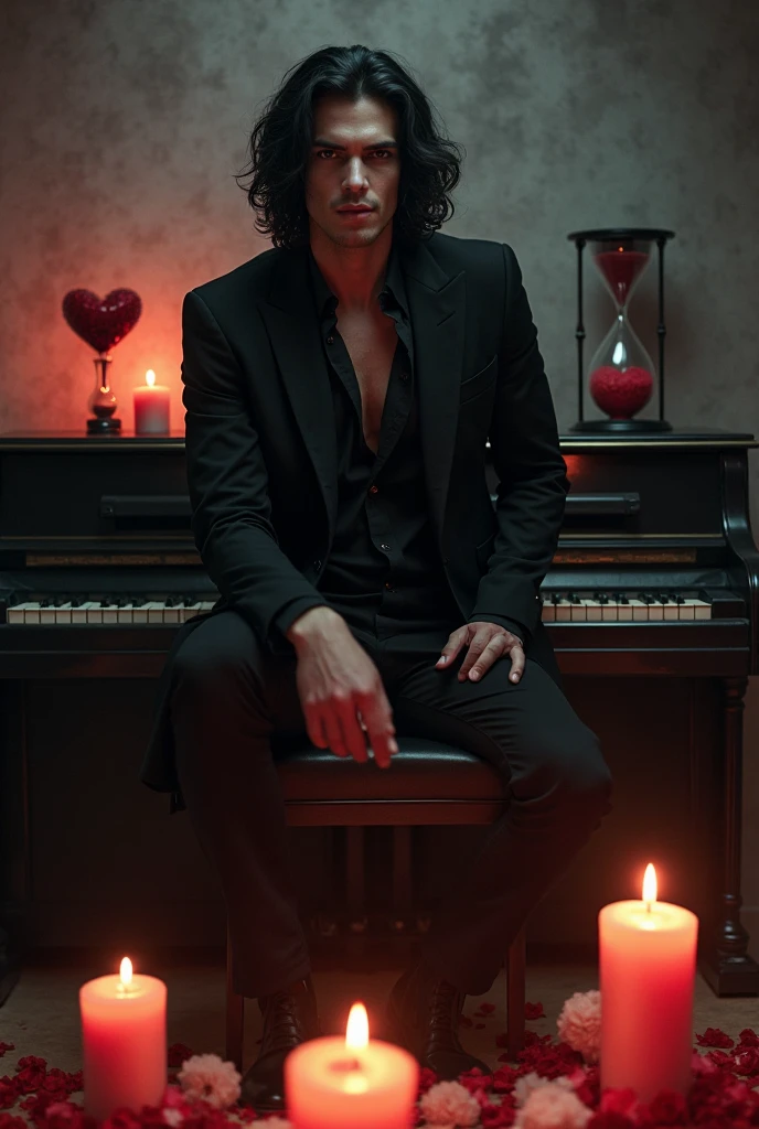 A very seductive and yet dangerous young male character. He wears black. He is very scary with dangerous smile (the smile must be very present) but extremely seductive. He has wavy black hair black eyes. He is really attractive yet scary. He is sitting on a piano. And there's an hourglass with a heart on the piano. There are a lot of candles on the ground. We must see in his eyes that he is demonic