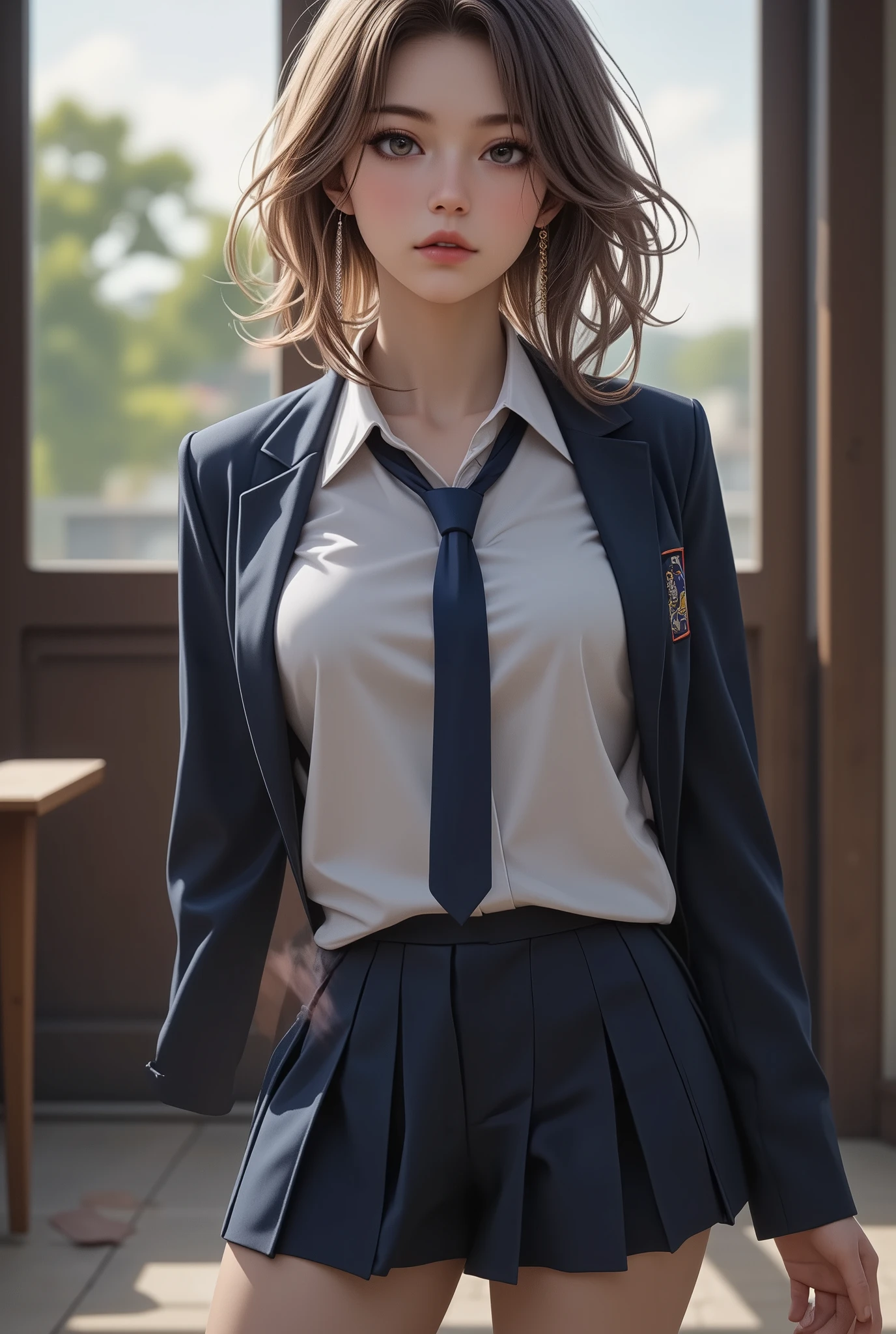 The mysterious transfer student, (Full body composition, from above), Mature female body, Alone, (She is wearing a school boy uniform:1.6, Boys' school uniform:1.2, School uniform:1.3), (?I have one:1.5)