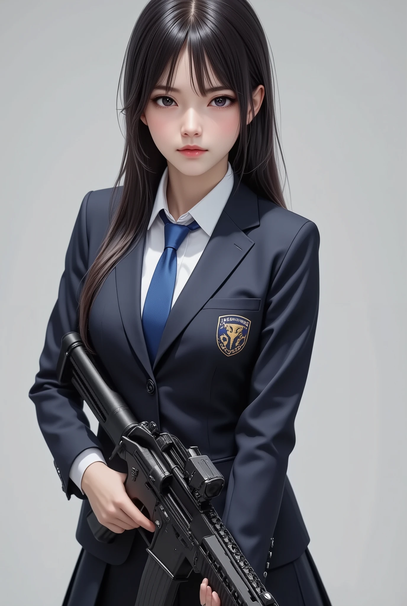 The mysterious transfer student, (Full body composition, from above), Mature female body, Alone, (She is wearing a school boy uniform:1.6, Boys&#39; school uniform:1.2, School trousers, School uniform:1.3), (I have a machine gun in my hand:1.5)