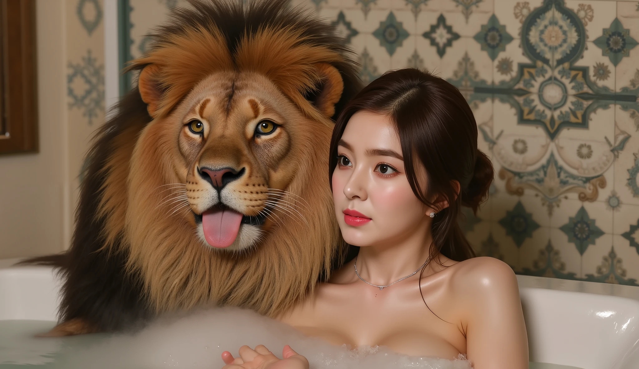 (1 realistic woman), (From bottom to top), is bathing with a big lion in the bathroom
