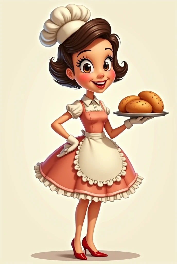 Make me a full body mascot logo about coconut macaroons make the mascot hold the coconut macaroons and make the backround white make it a human adult woman